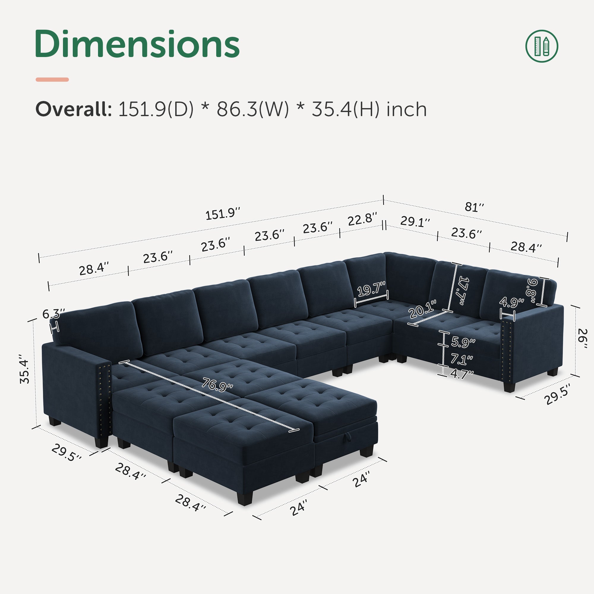 Velvet Modular Sleeper Sectional With Storage Space With Measurements