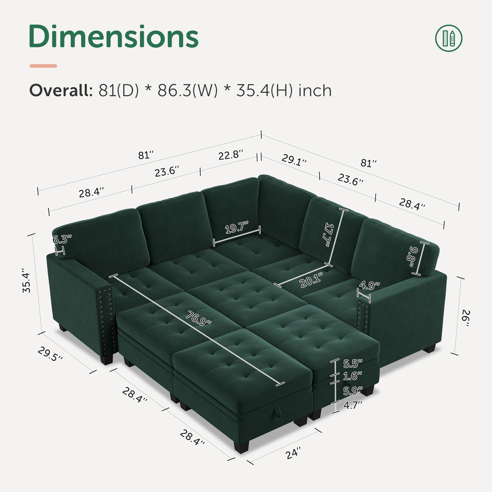 HONBAY Wraparound Modular Sofa 9-Seat With 4-Storage Space+1-Left Arm+1-Right Arm #Color_Green