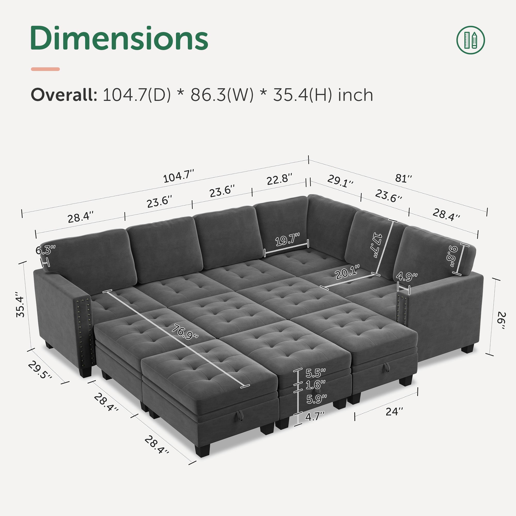  Velvet Modular Sleeper Sectional With Storage Space With Measurements