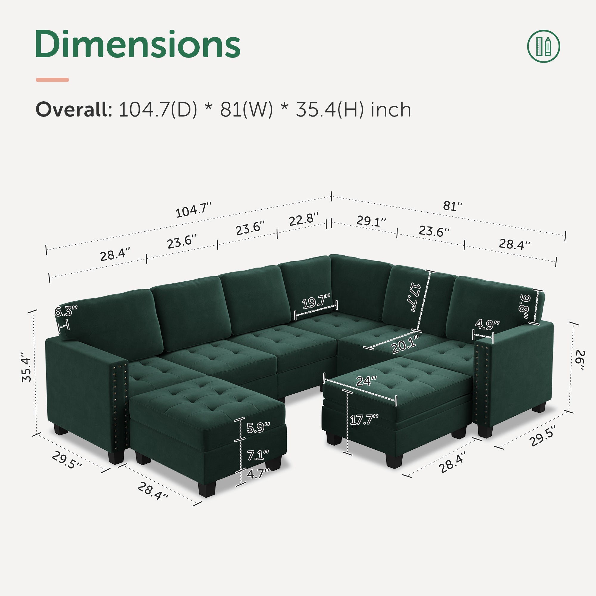 HONBAY Velvet U-Shaped 8-Seater Corner Sectional Sofa with Reversible Storage & Lid Ottoman #Color_Green