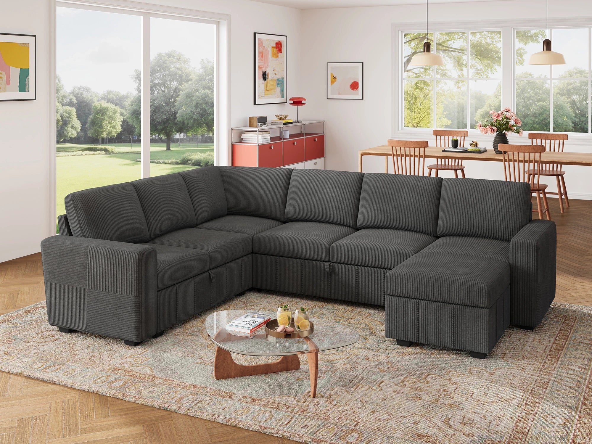 HONBAY 7-Piece Oversized Corduroy Pull-Out Sleeper Sectional Sofa with Storage & Block Arm