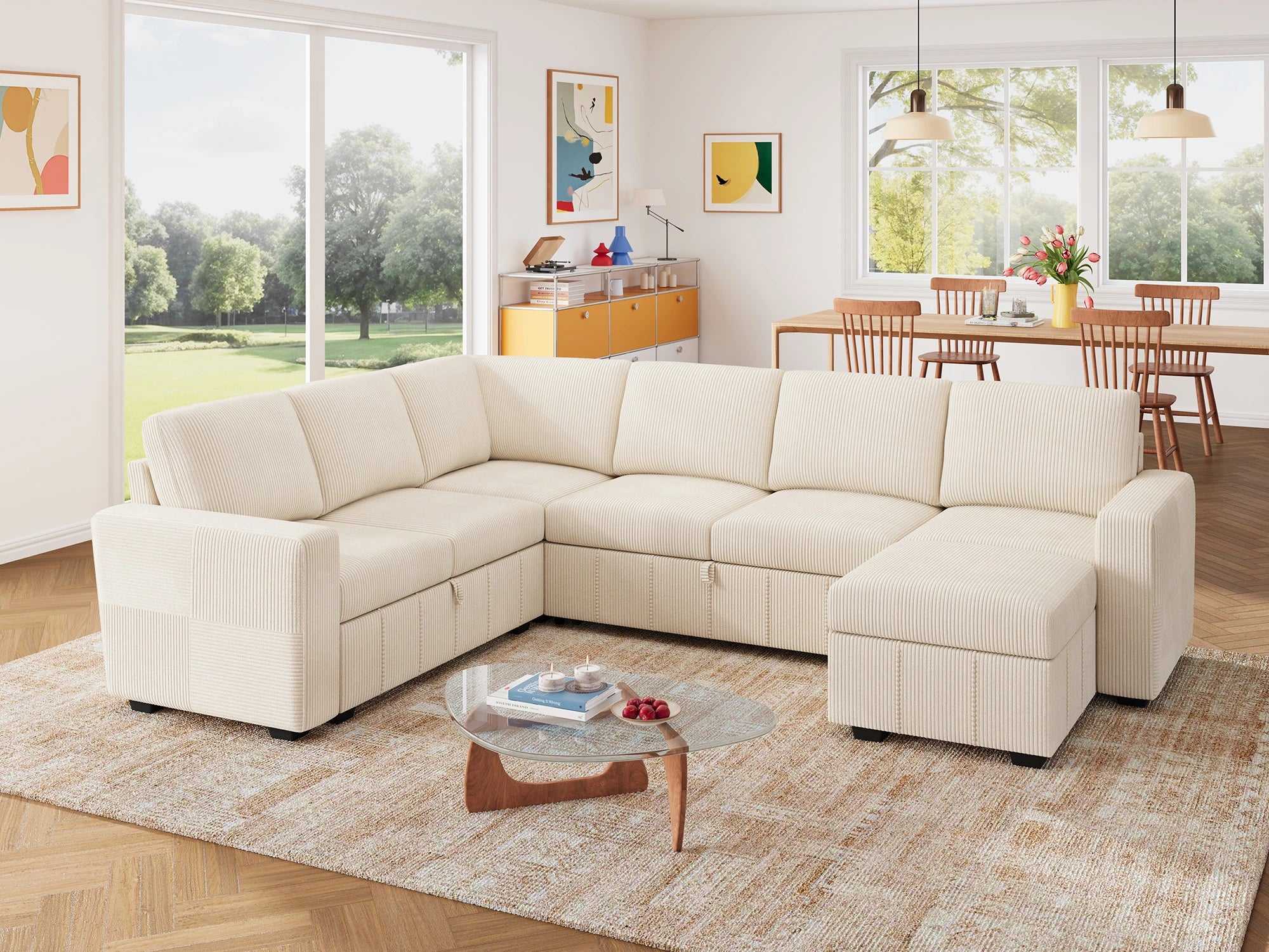 7-Piece Corduroy U-Shaped  Sleeper Sectional 
#Color_Corduroy Beige