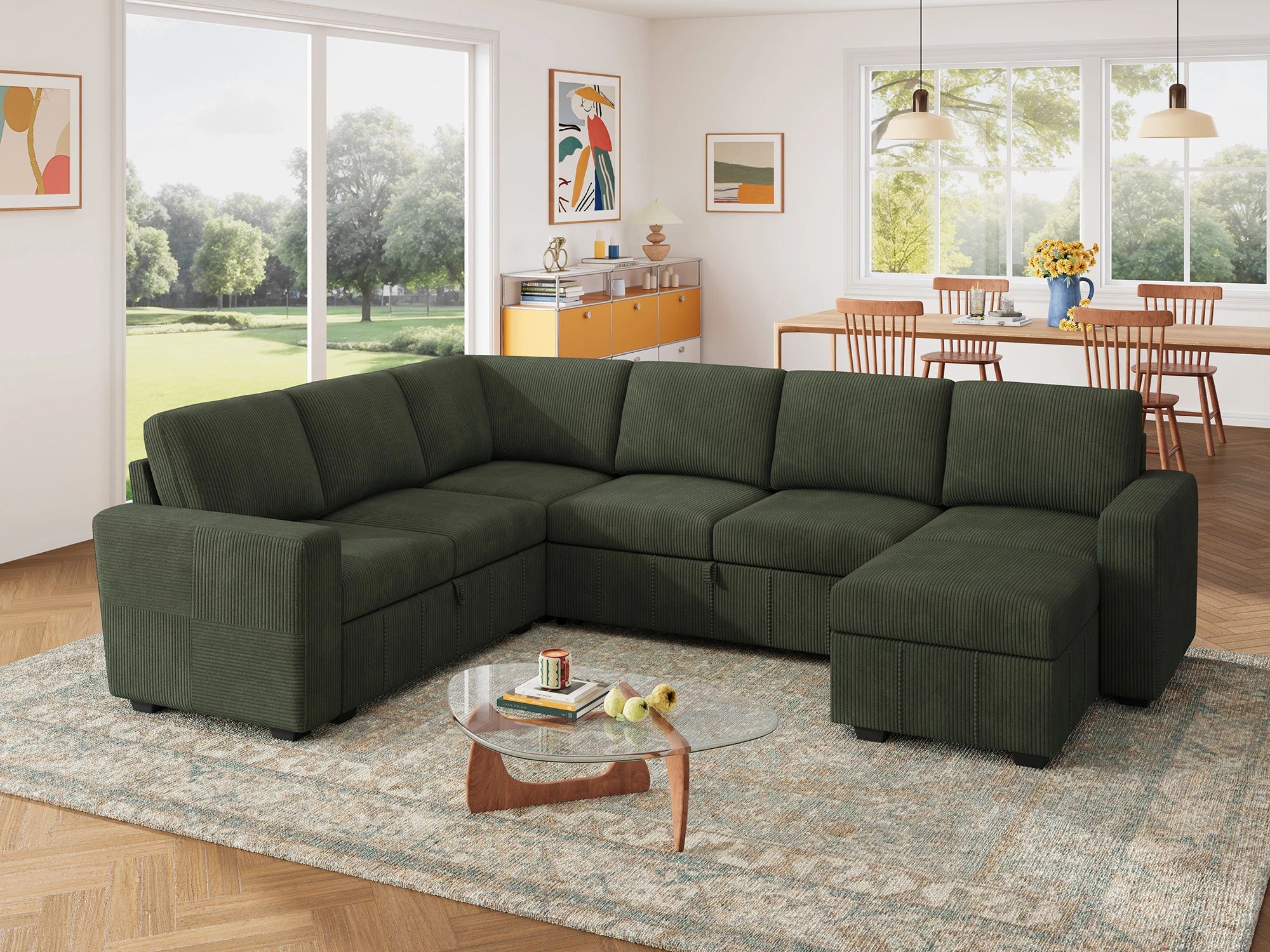 HONBAY 7-Piece Oversized Corduroy Pull-Out Sleeper Sectional Sofa with Storage & Block Arm