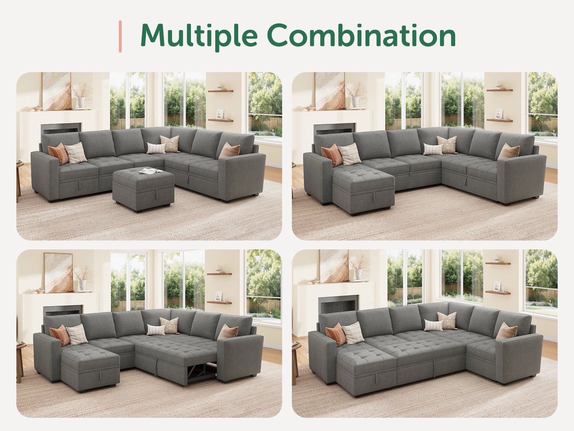 HONBAY 7-Piece Polyester Modular Sleeper Sectional Sofa With Storage Space