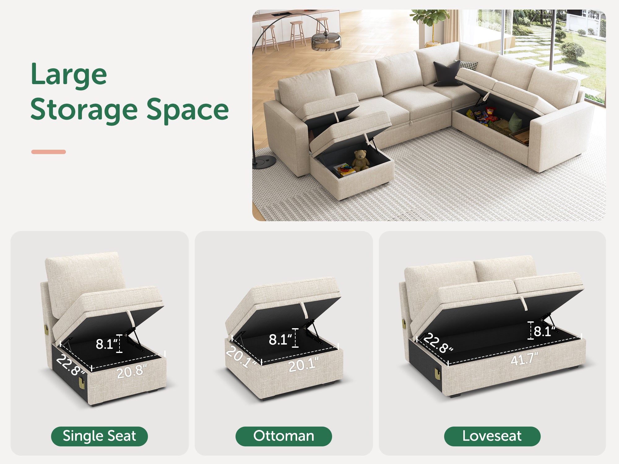 HONBAY Sleep Modular Sofa 7-Seat Sofa Bed with 4-Storage Space #Color_Beige