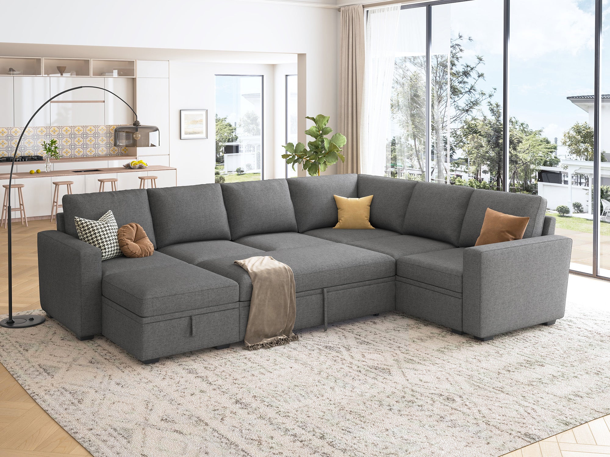 HONBAY Sleep Modular Sofa 7-Seat Sofa Bed with 4-Storage Space #Color_Dark Grey