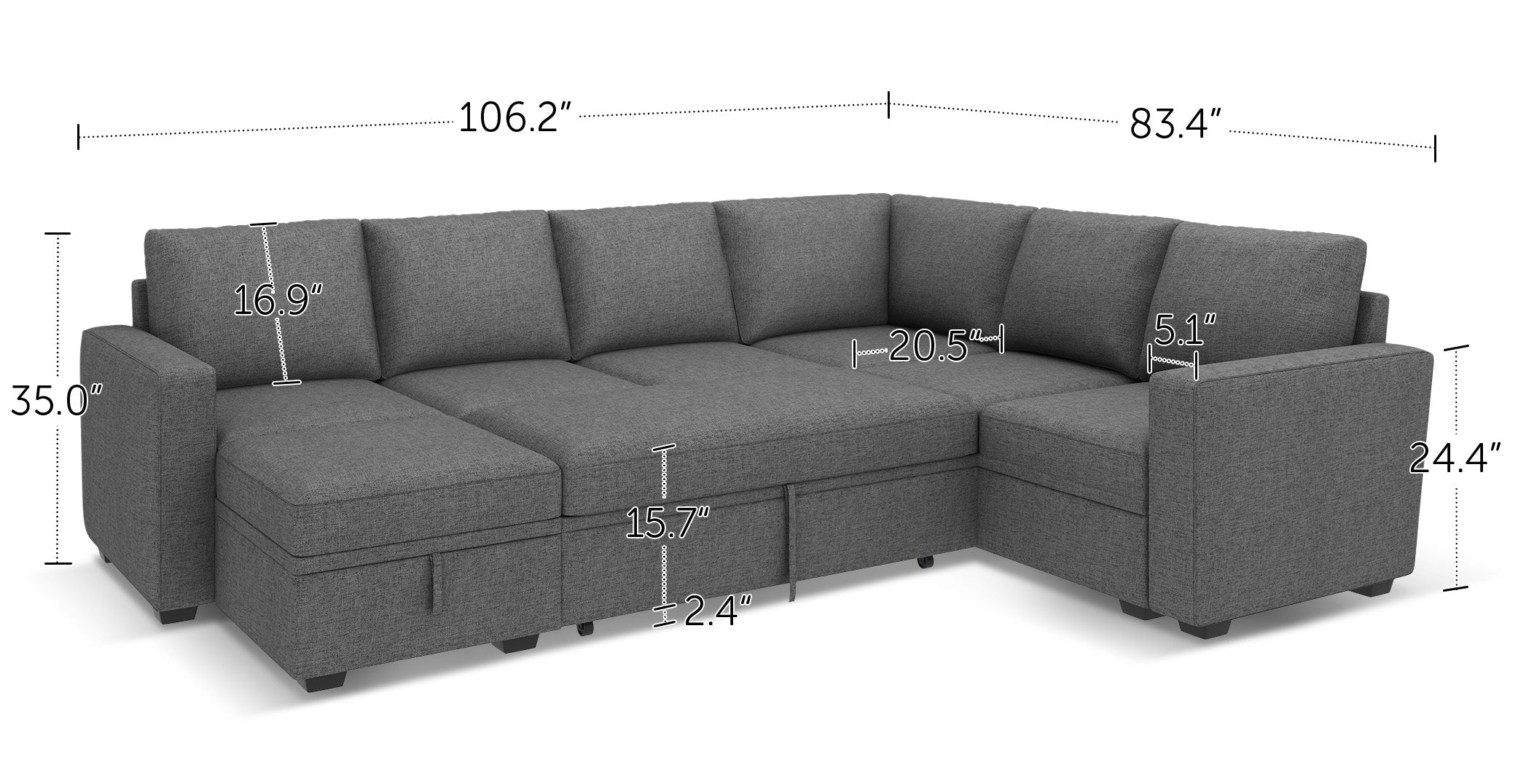 Velvet Modular Sleeper Sectional With Storage Space With Measurements 