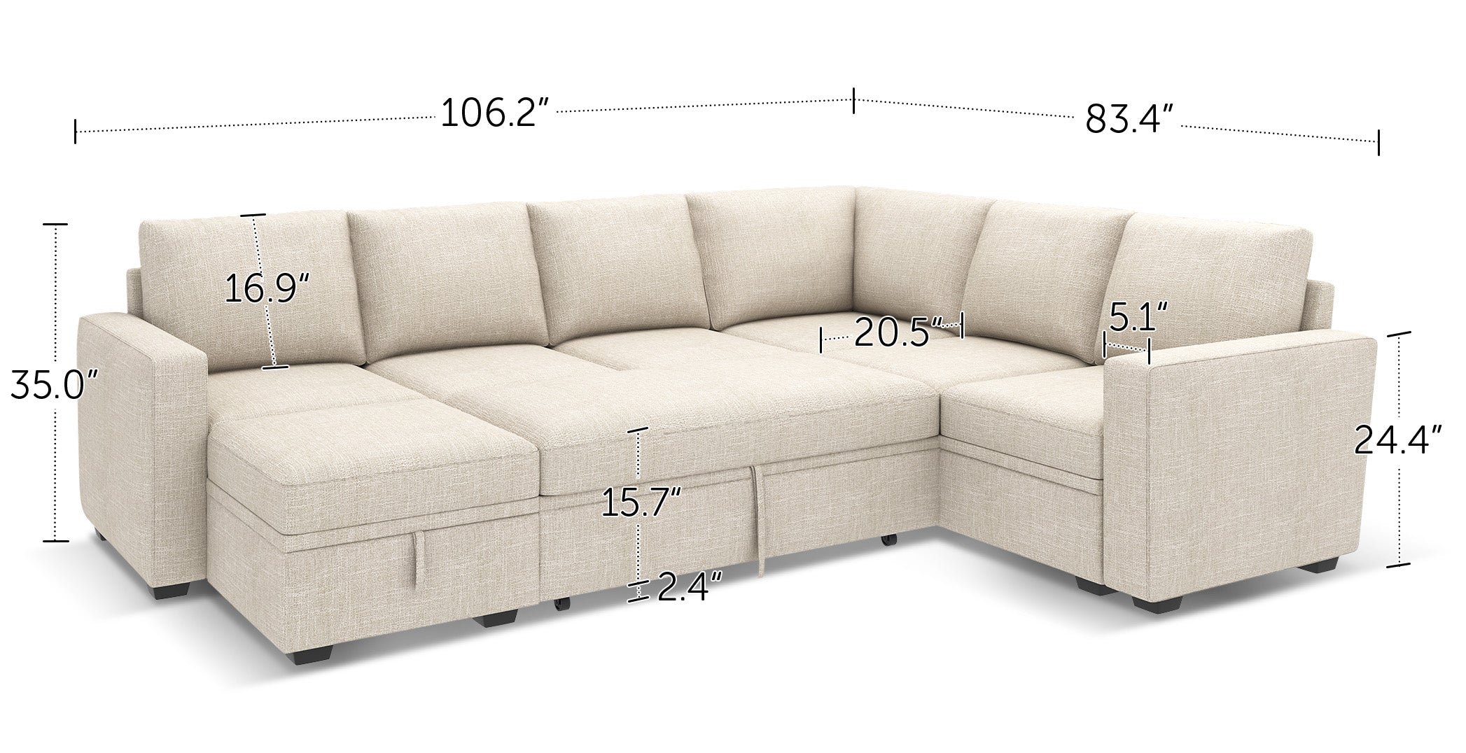 HONBAY Sleep Modular Sofa 7-Seat Sofa Bed with 4-Storage Space #Color_Beige