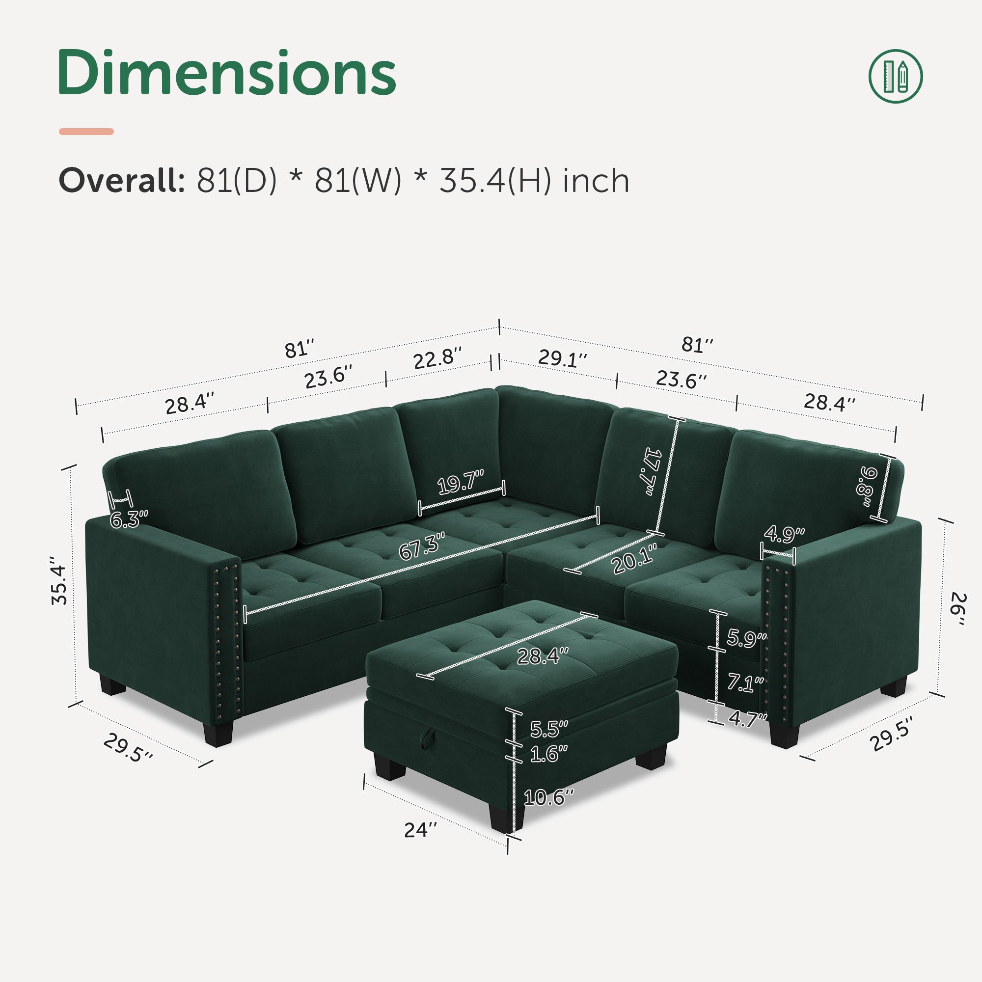 HONBAY Velvet Corner Sectional Sofa with Reversible Storage Lid Ottoman #Color_Green
