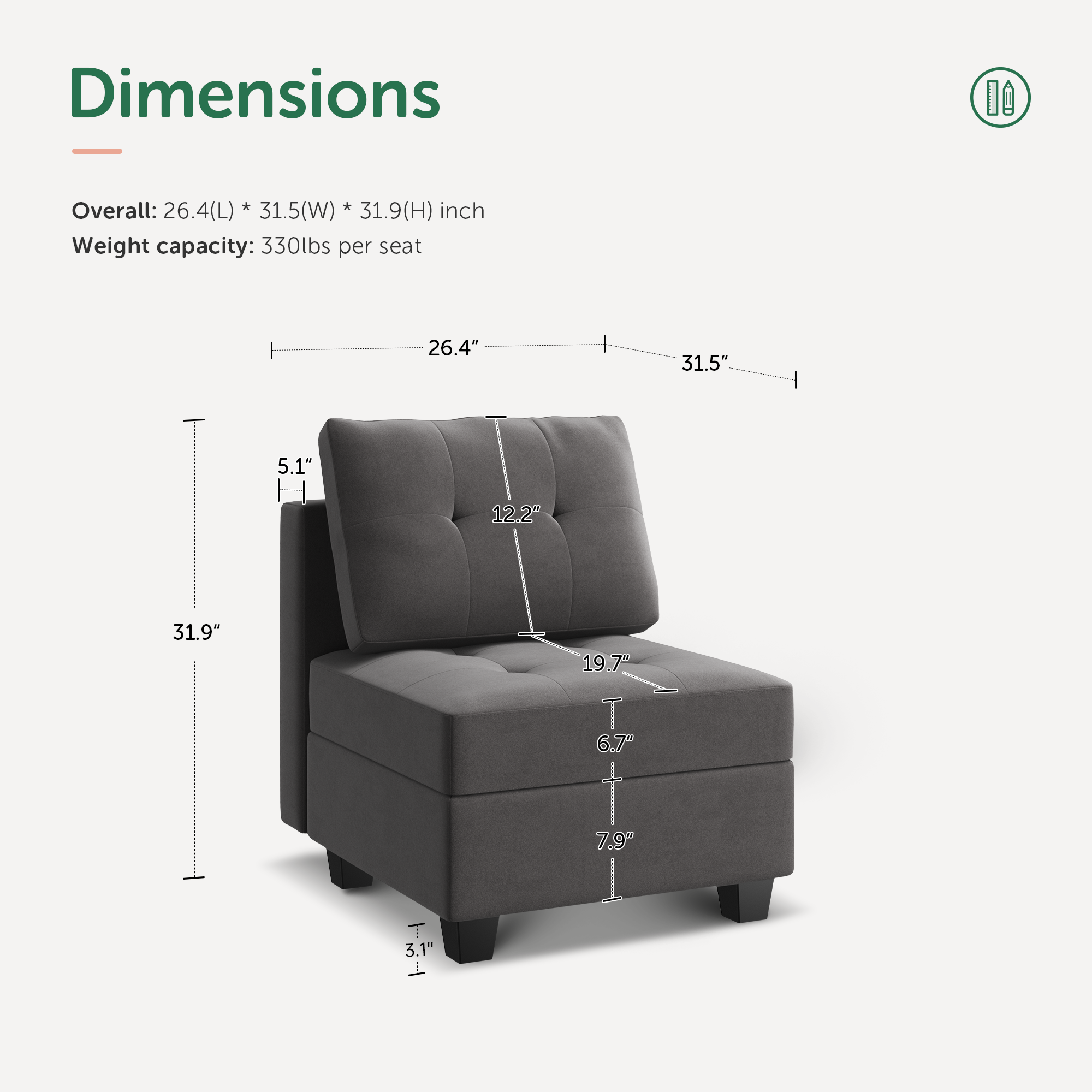 HONBAY Tufted Armless Chair Module for Modular Storage Sofa