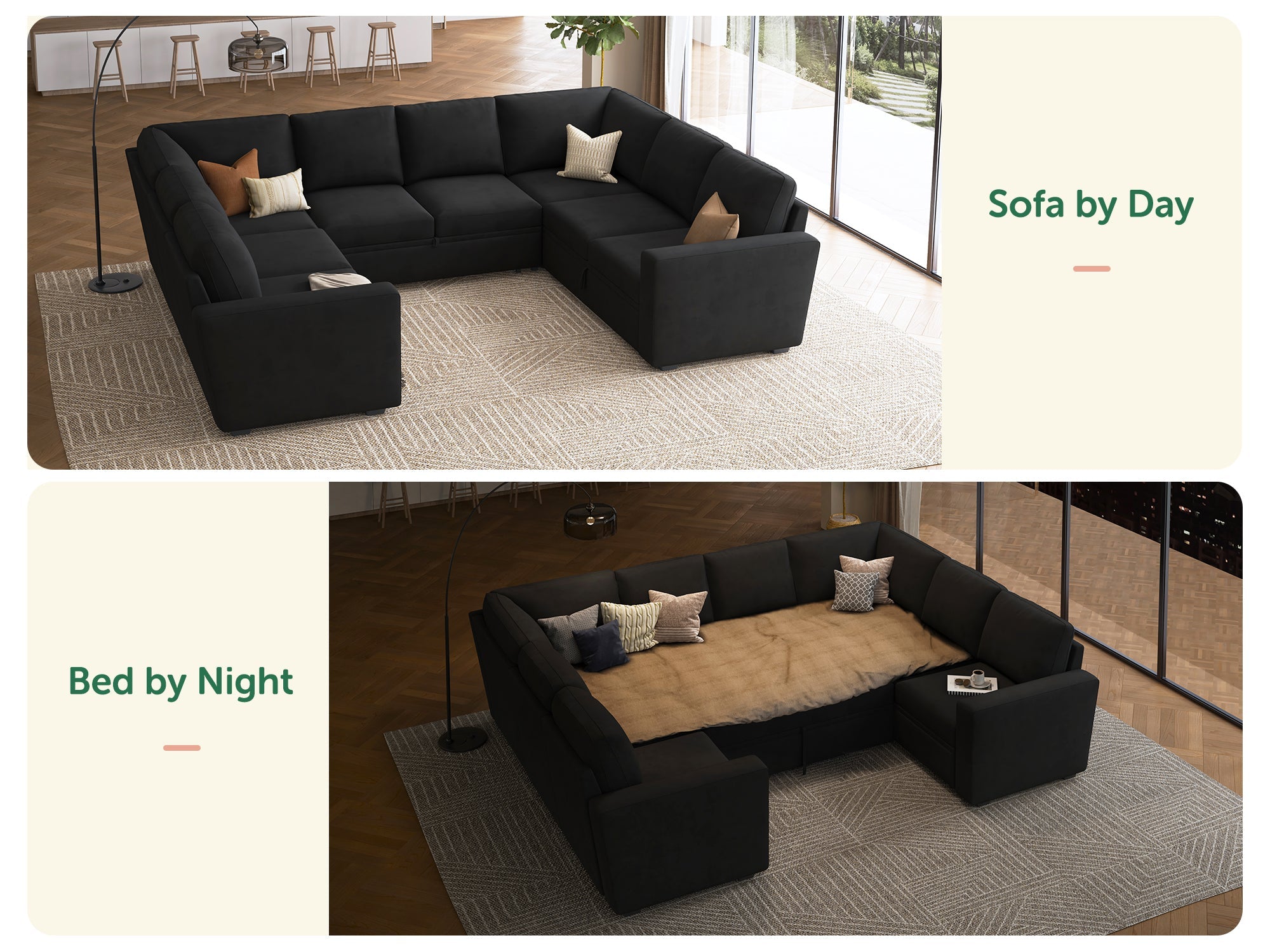 HONBAY 8-Piece Modular Sleeper Sectional With Storage Space #Color_Velvet Black