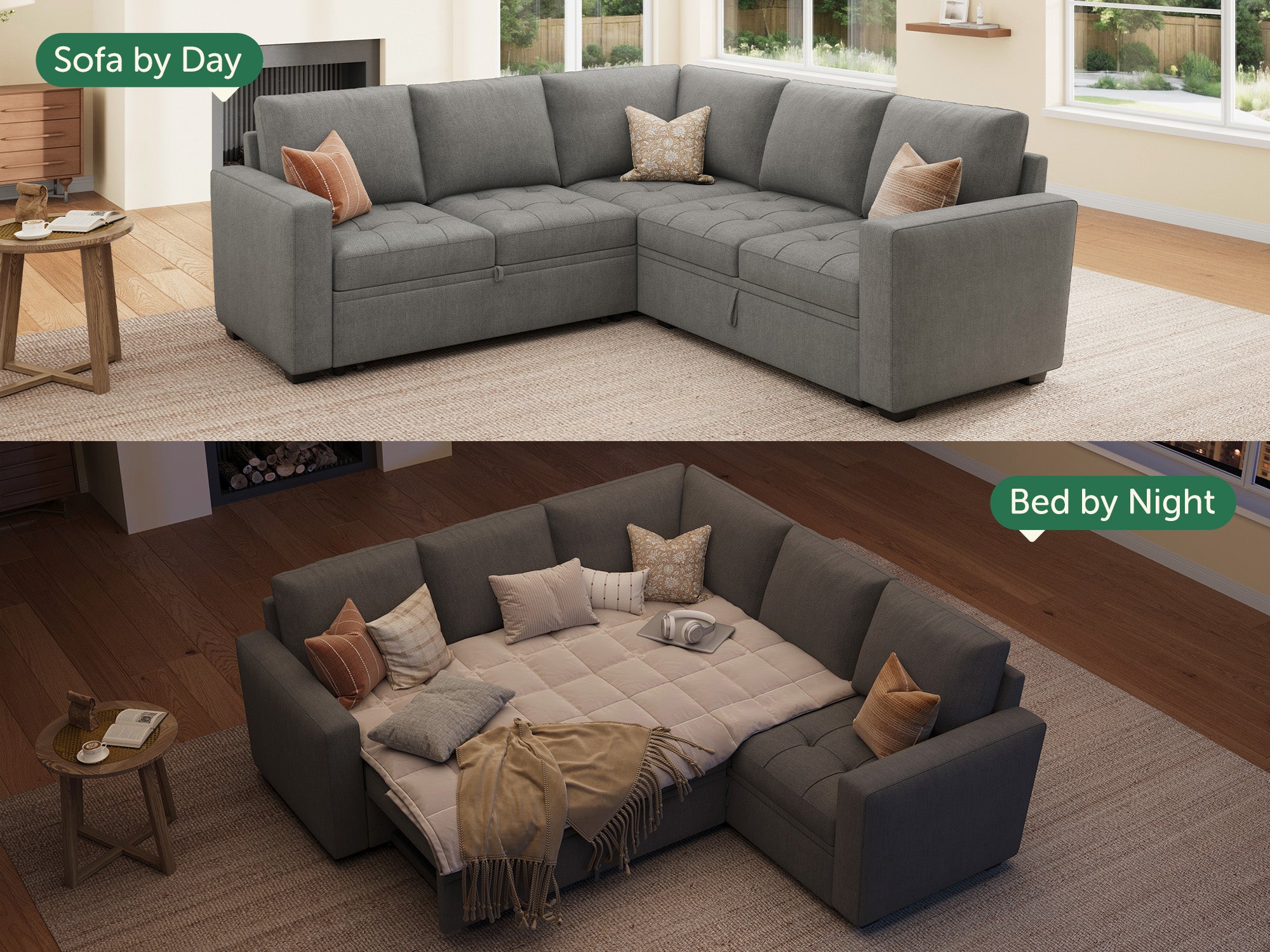 HONBAY 5-Piece Polyester Modular Sleeper Sectional With Storage Space #Color_Warm Grey II