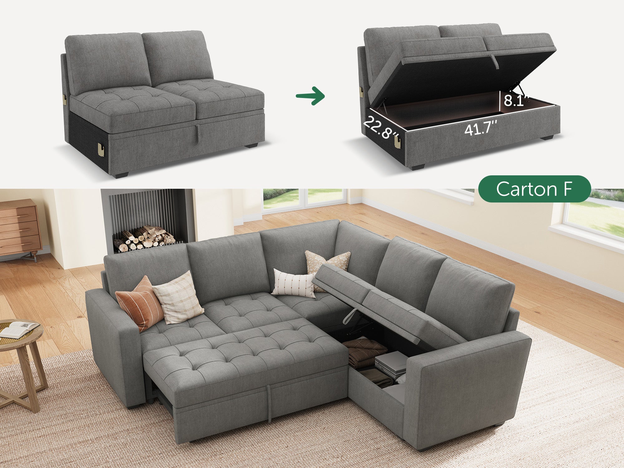 HONBAY 5-Piece Polyester Modular Sleeper Sectional With Storage Space #Color_Warm Grey II