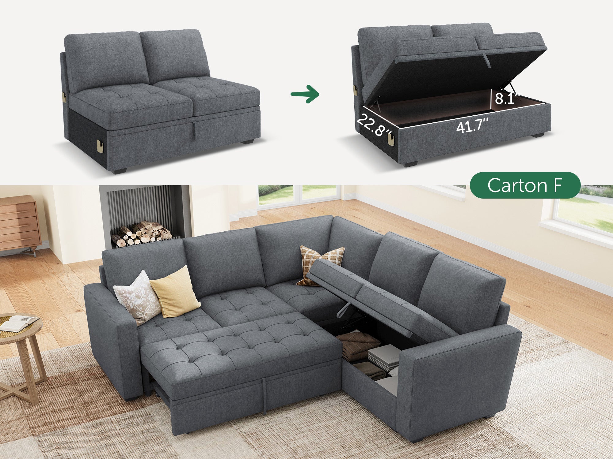 HONBAY 5-Piece Polyester Modular Sleeper Sectional With Storage Space #Color_Bluish Grey II