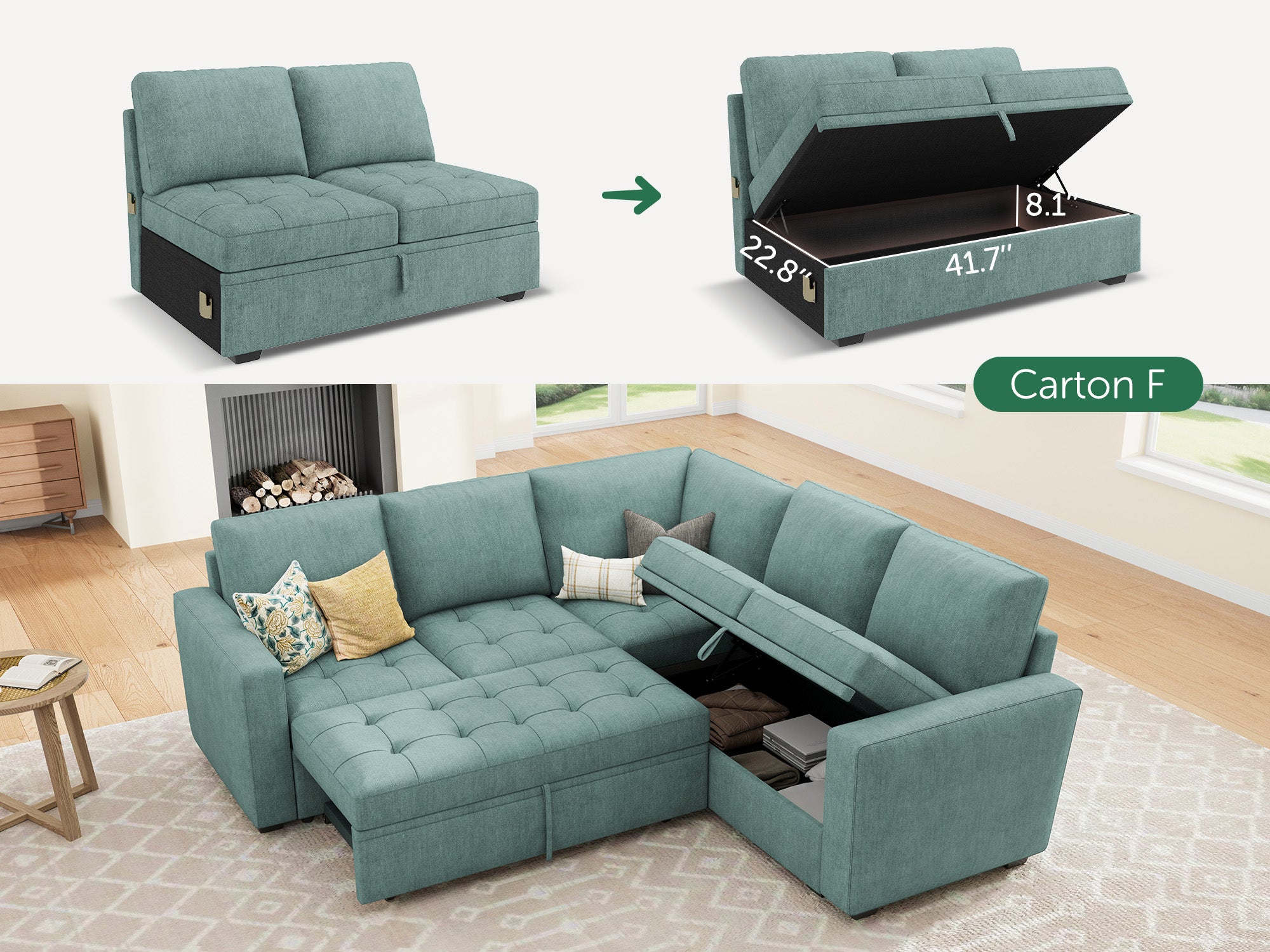 HONBAY 5-Piece Polyester Modular Sleeper Sectional With Storage Space #Color_Aqua Blue