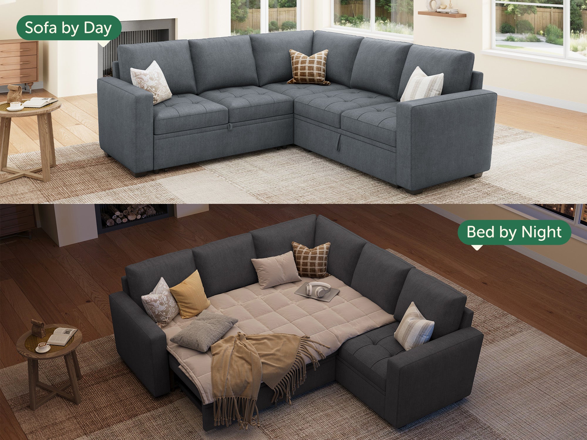 HONBAY 5-Piece Polyester Modular Sleeper Sectional Sofa With Storage Space