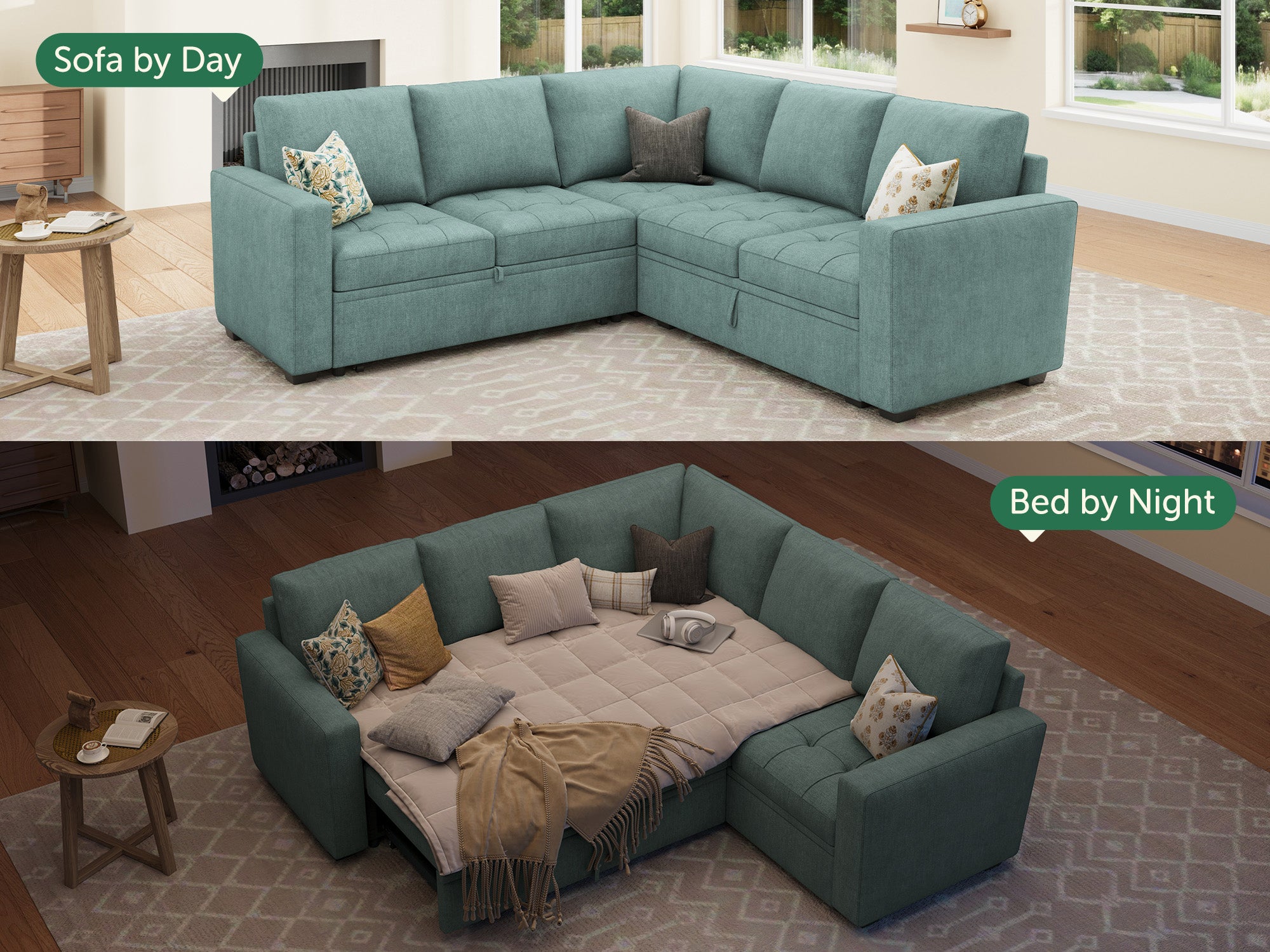 HONBAY 5-Piece Polyester Modular Sleeper Sectional With Storage Space #Color_Aqua Blue