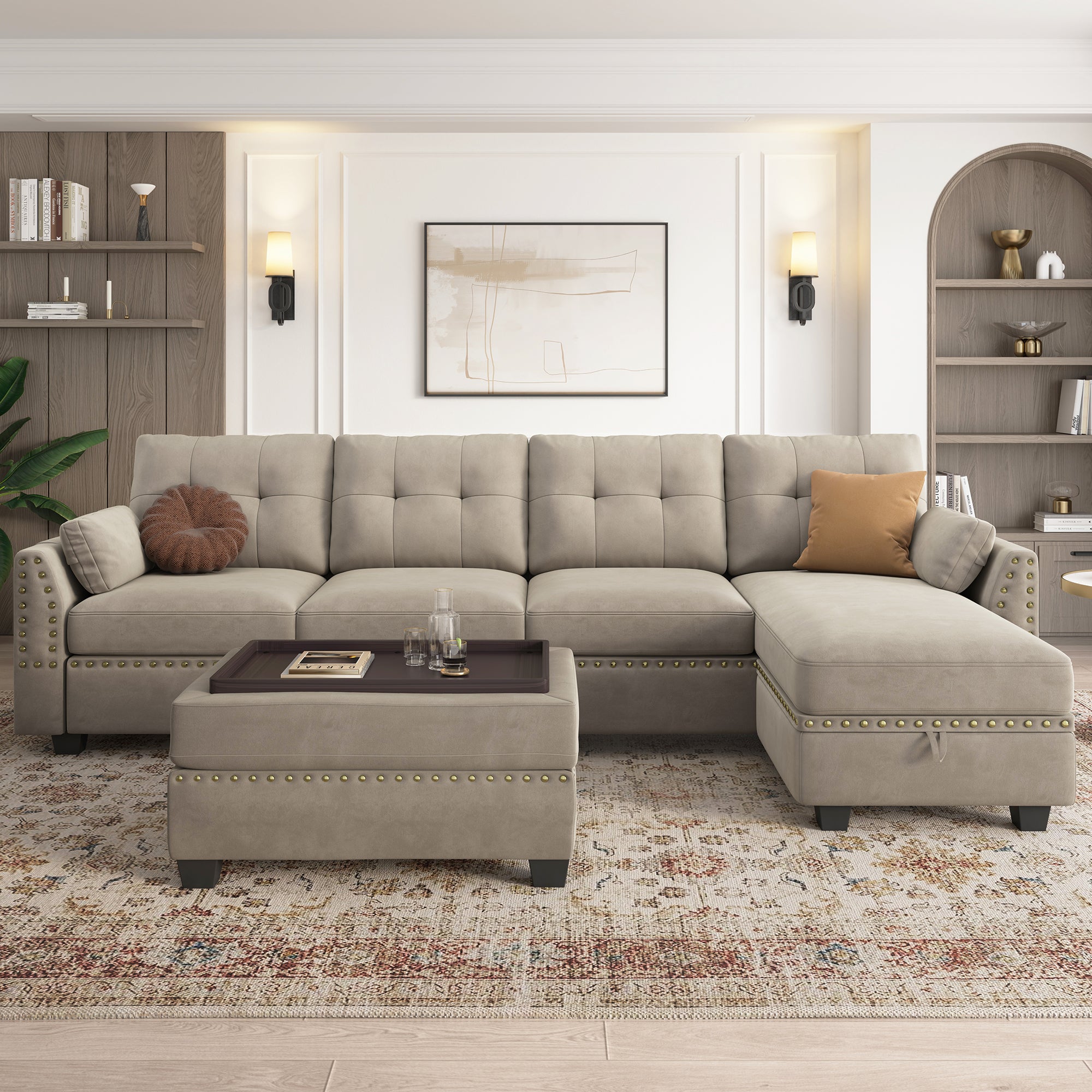 Beige sectional deals sofa with ottoman