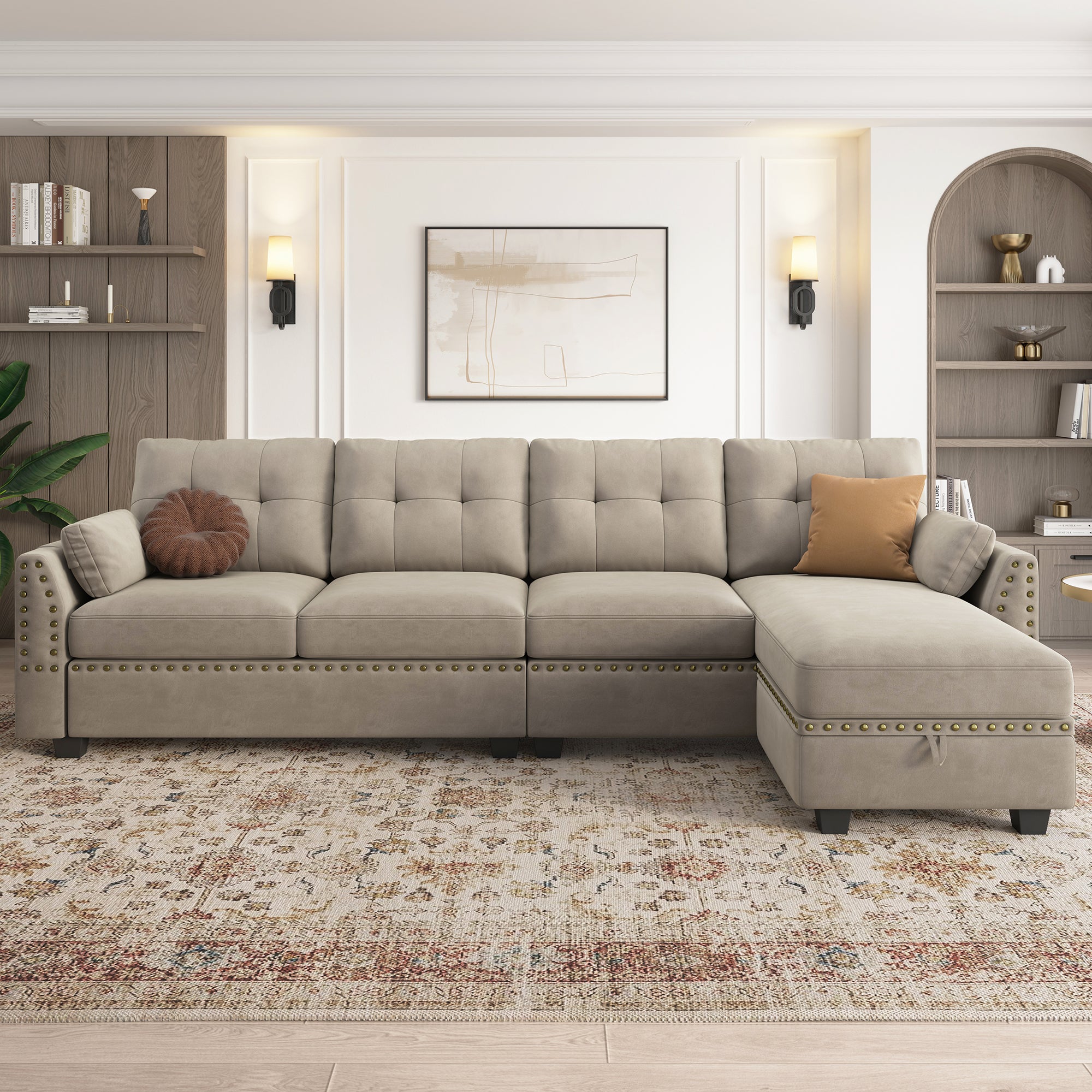HONBAY Velvet 4-Seat L-Shaped Sectional Sofa with Storage Chaise