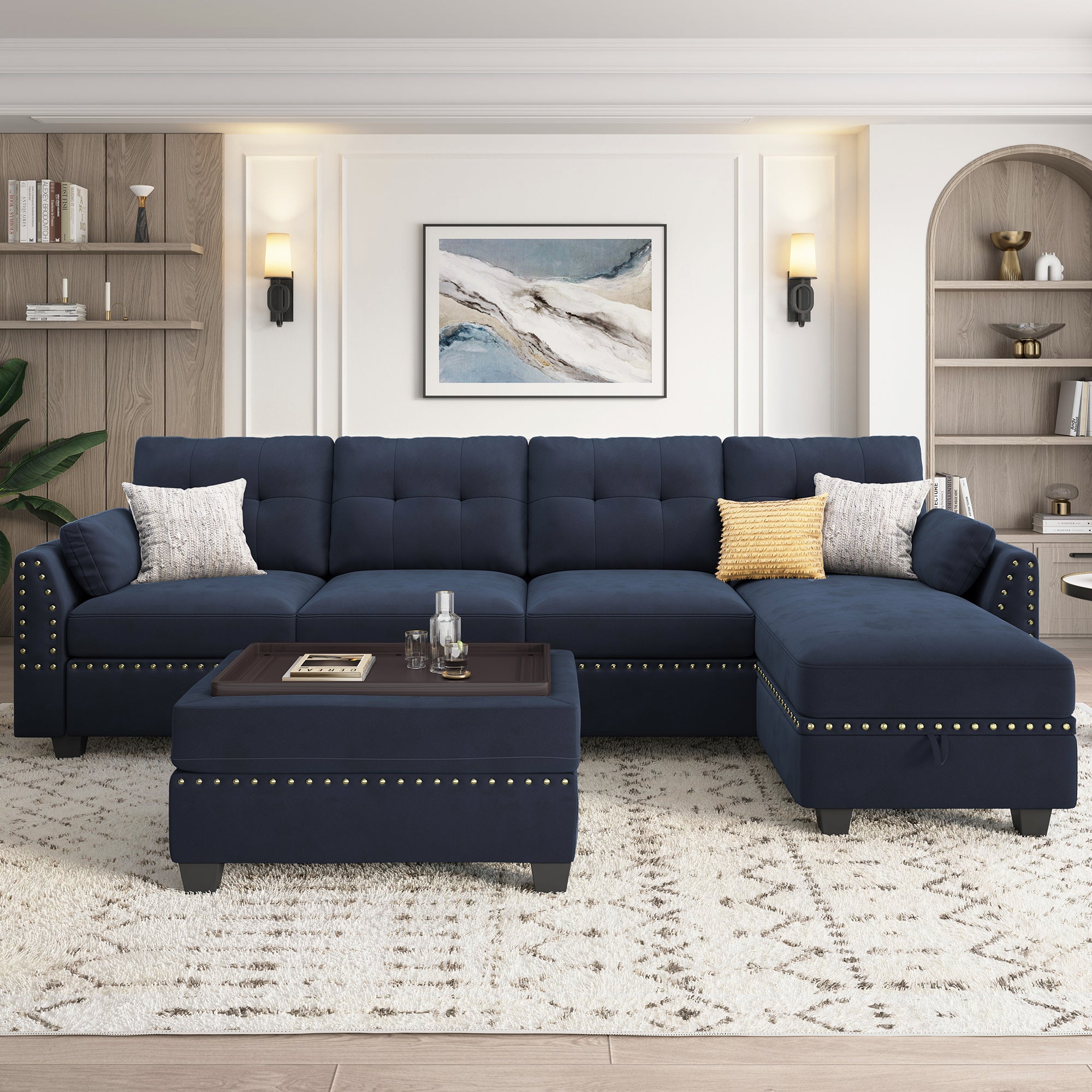 HONBAY Velvet 4-Seat L-Shaped Sectional Sofa with Table Ottoman Set