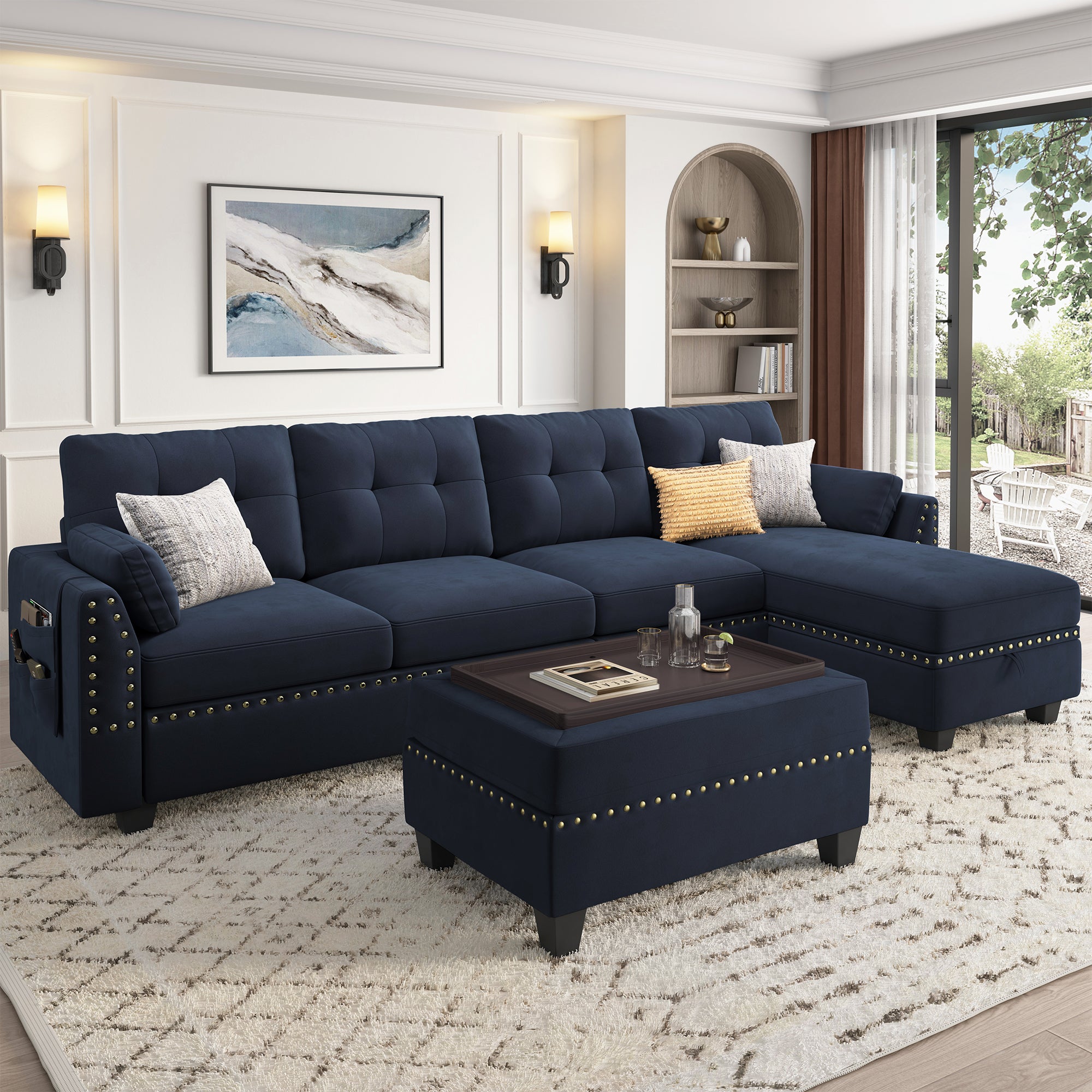HONBAY Velvet 4-Seat L-Shaped Sectional Sofa with Table Ottoman Set