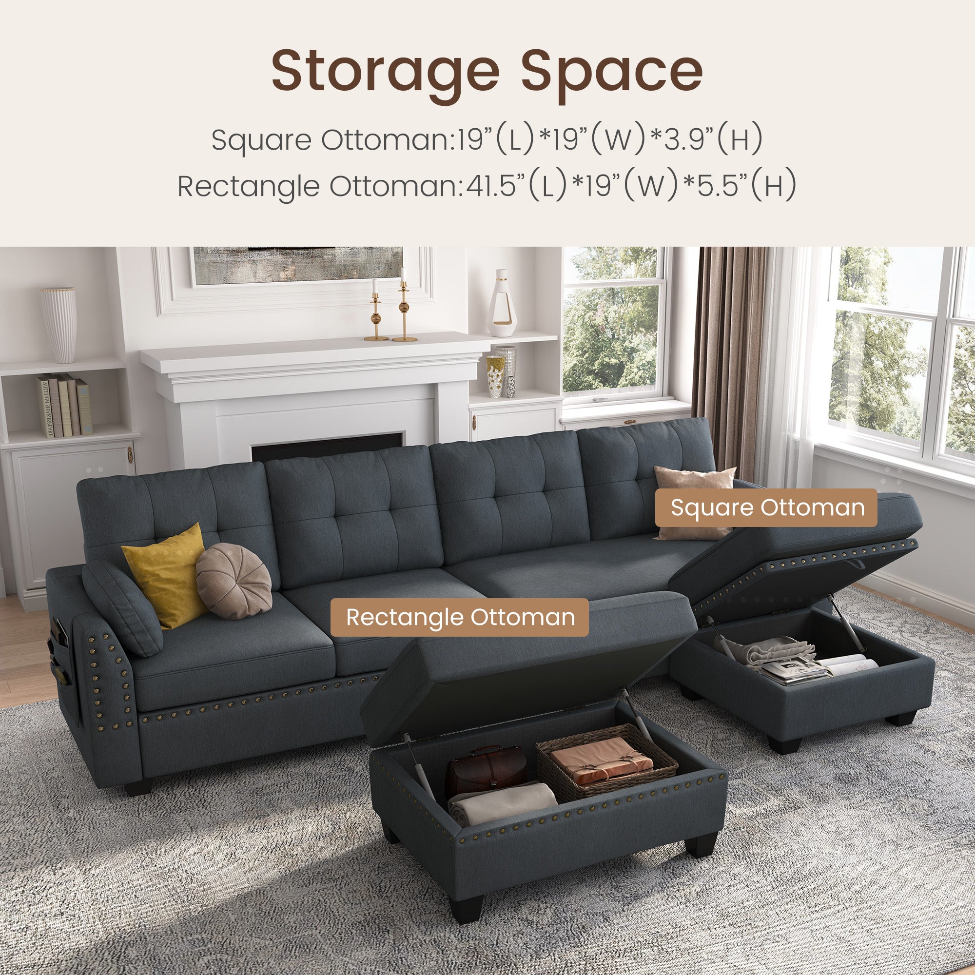 HONBAY 4-Seat L-Shaped Sectional Sofa with Rectangle Storage Ottoman