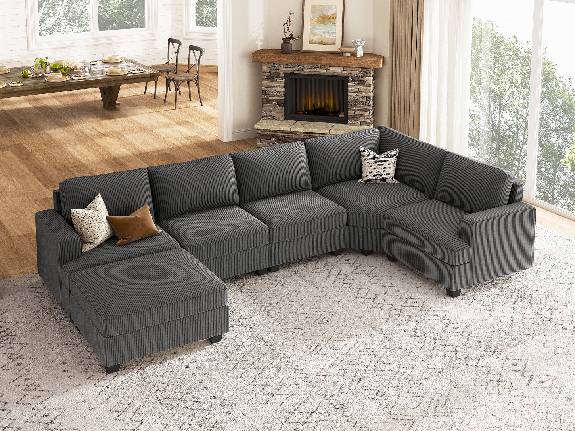 HONBAY 6 Piece Modular Sectional With Storage Ottoman #Color_Corduroy Grey