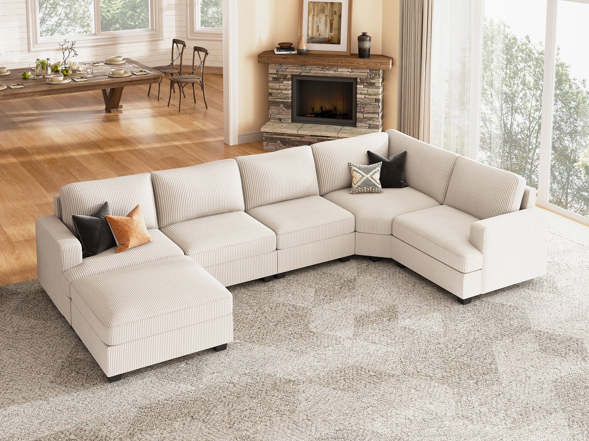 HONBAY 6 Piece Modular Sectional With Storage Ottoman #Color_Corduroy Beige