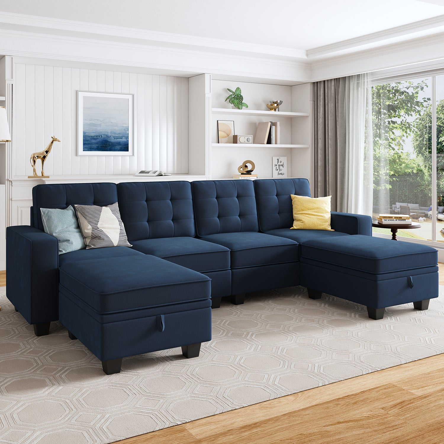 HONBAY Velvet 4-Seat Sectional Sofa Couch with Optional Extra Stoage Chaise&Ottoman