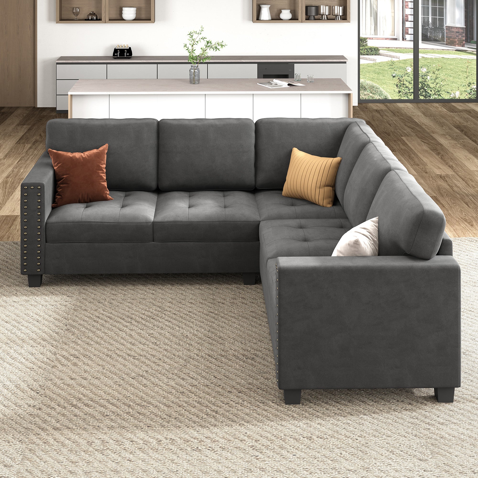 HONBAY Velvet L-Shaped Corner Sectional Sofa with Reversible Storage Lid Ottoman