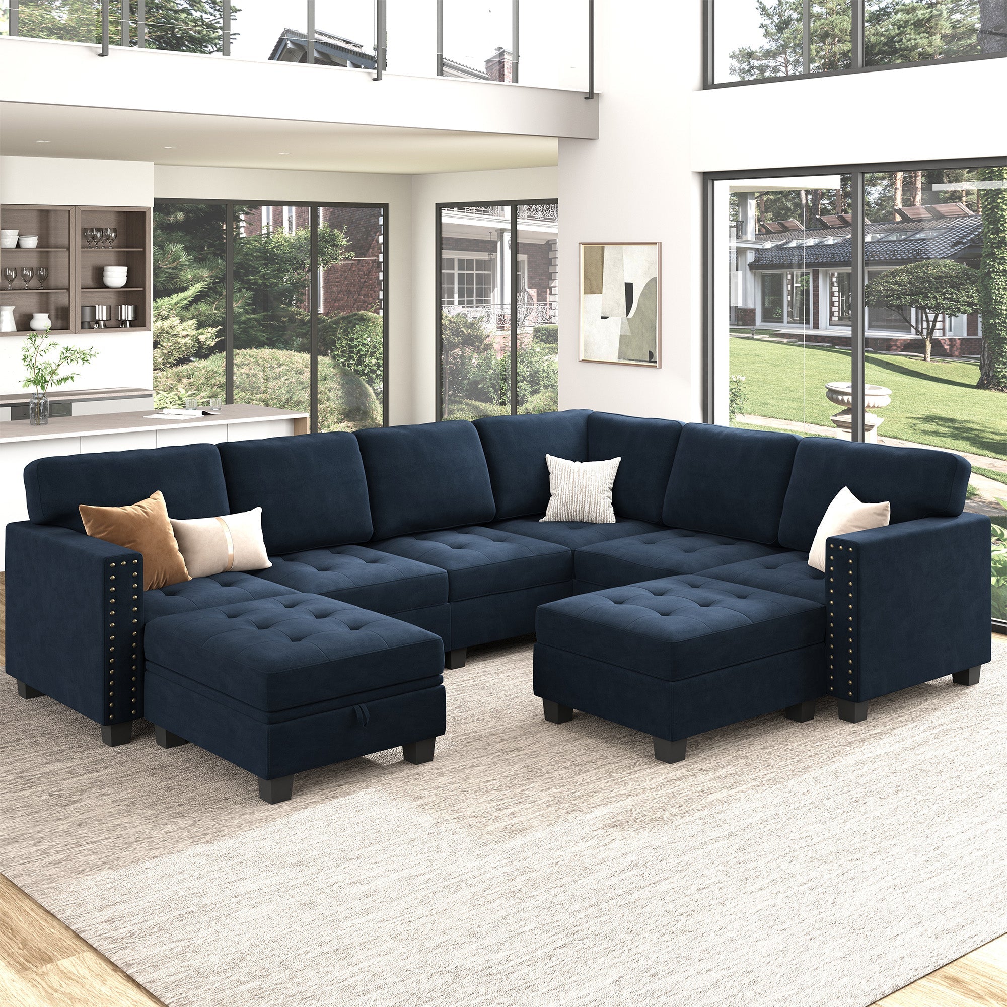 HONBAY Velvet U-Shaped 8-Seater Corner Sectional Sofa with Reversible Storage & Lid Ottoman #Color_Dark Blue