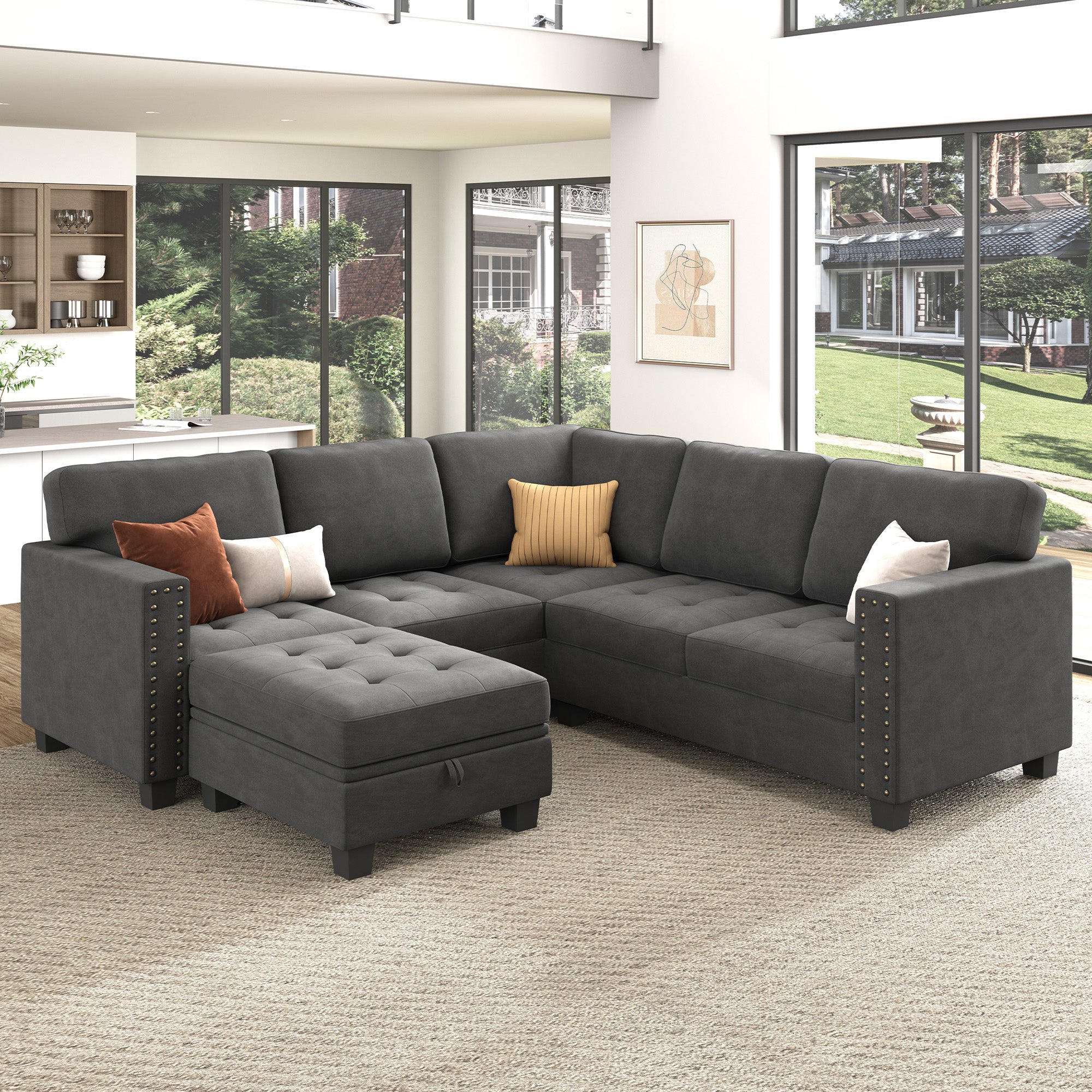 HONBAY Velvet Corner Sectional Sofa with Reversible Storage Lid Ottoman #Color_Grey