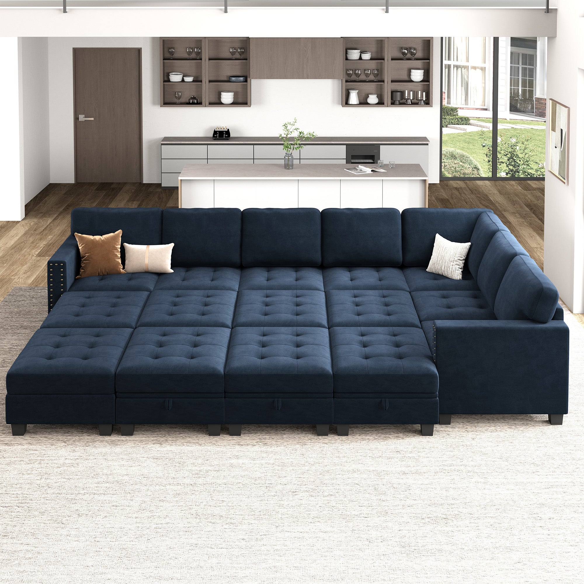 HONBAY Wraparound Modular Sofa 15-Seat With 6-Storage Space+1-Left Arm+1-Right Arm #Color_Dark Blue