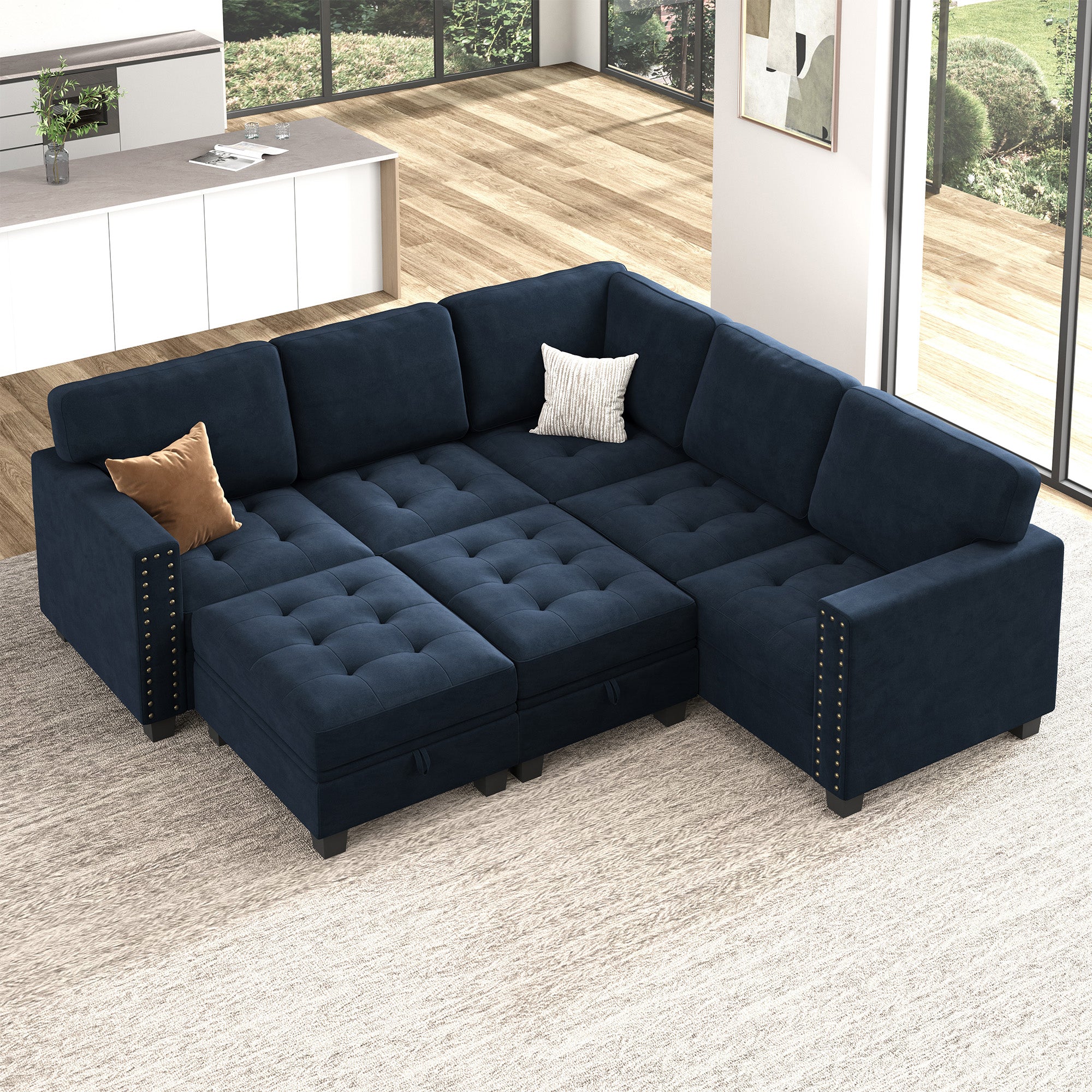 HONBAY Wraparound Modular Sofa 7-Seat With 2-Storage Space+1-Left Arm+1-Right Arm #Color_Dark Blue