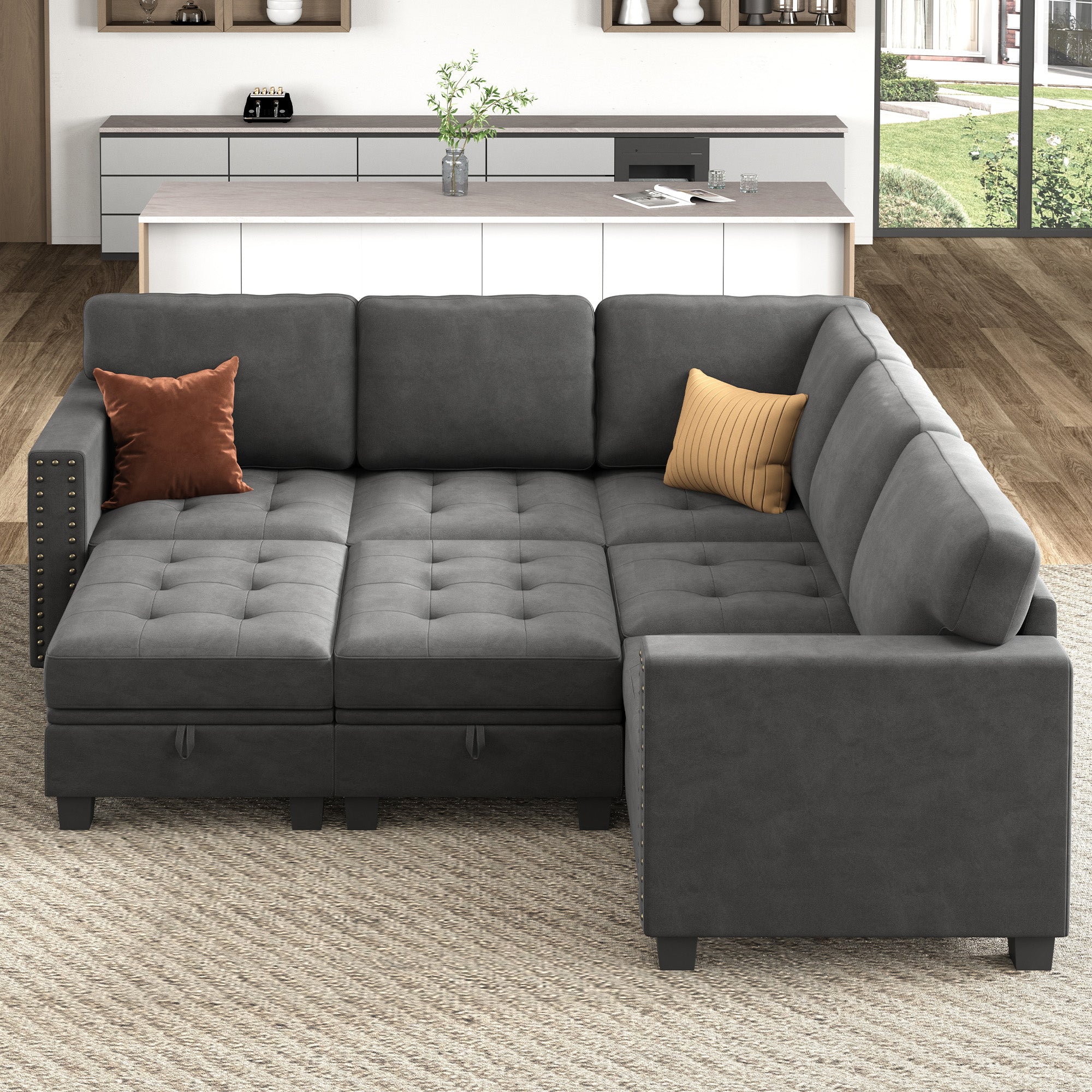 HONBAY Wraparound Modular Sofa 7-Seat With 2-Storage Space+1-Left Arm+1-Right Arm #Color_Grey