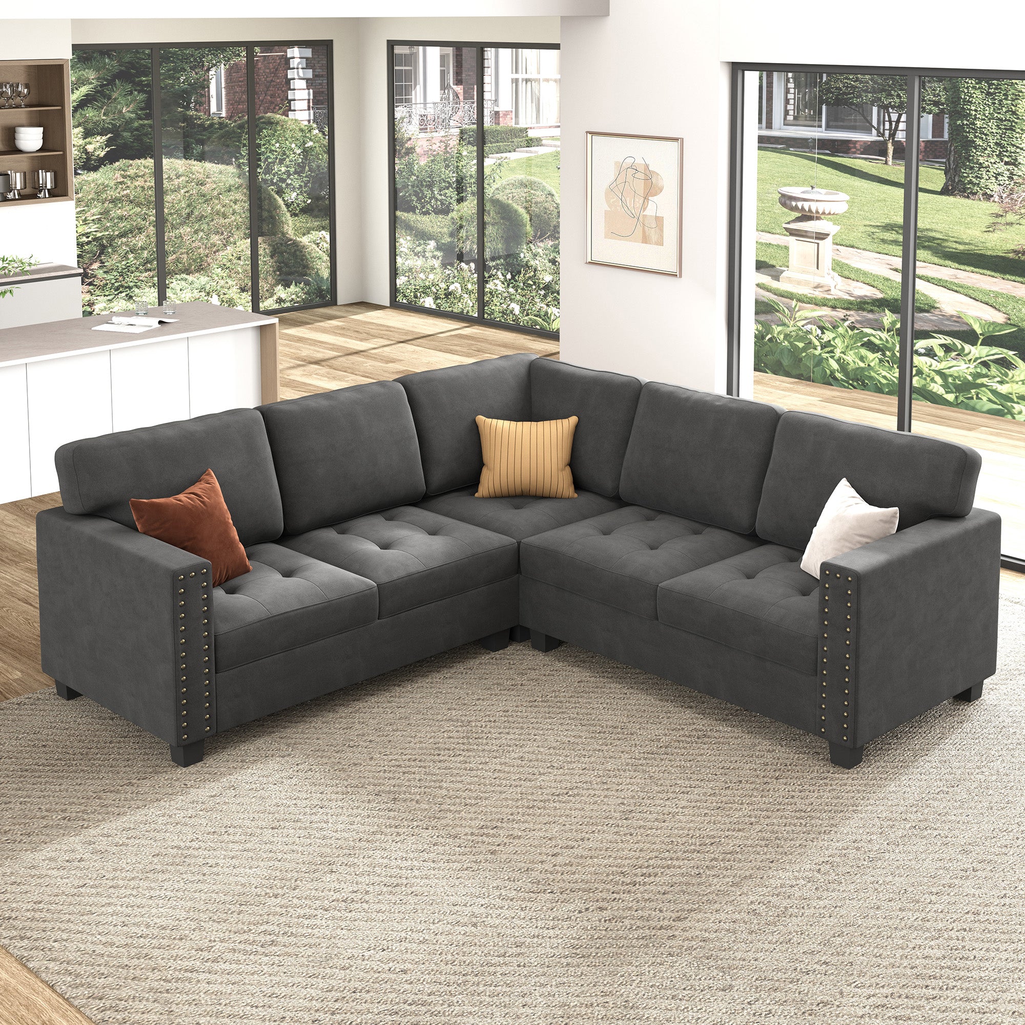 HONBAY Velvet L-Shaped Corner Sectional Sofa with Reversible Storage Lid Ottoman