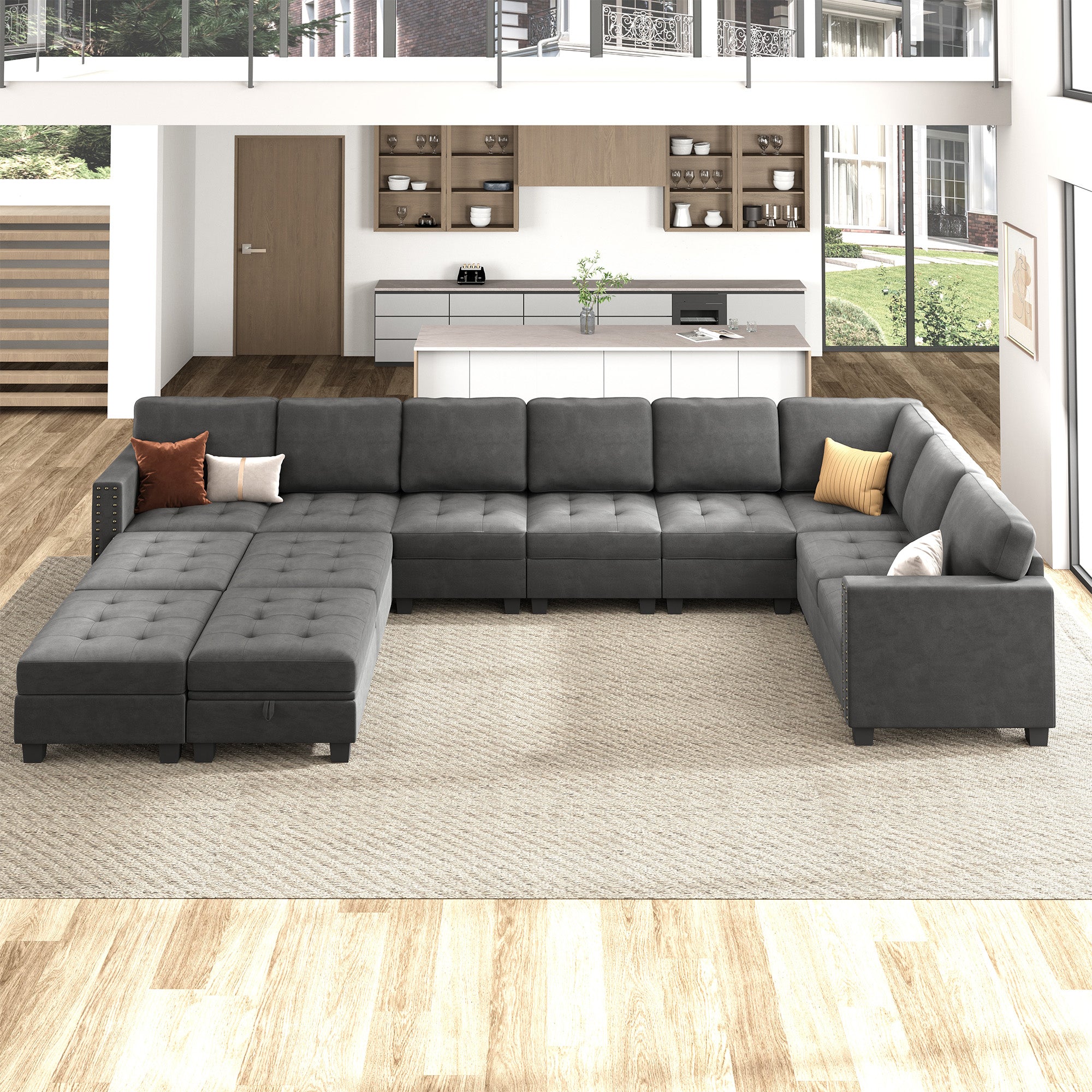 HONBAY Wraparound Modular Sofa 12-Seat With 1-Storage Space+1-Left Arm+1-Right Arm #Color_Grey