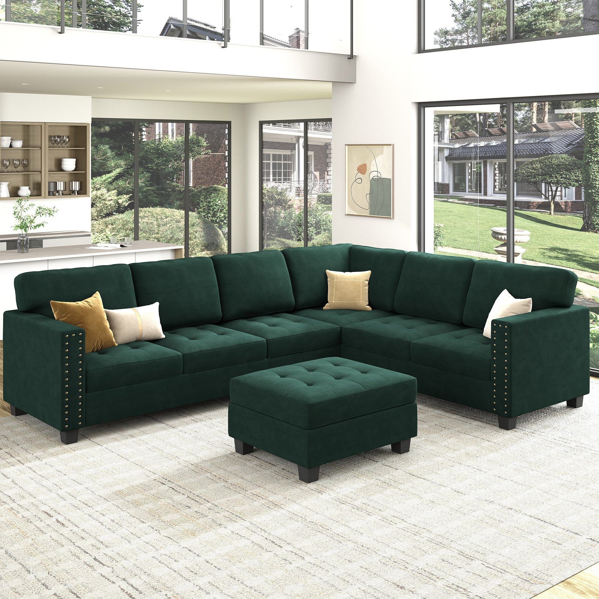 HONBAY Velvet U-Shaped Corner Sectional Sofa with Reversible Storage Lid Ottoman #Color_Green