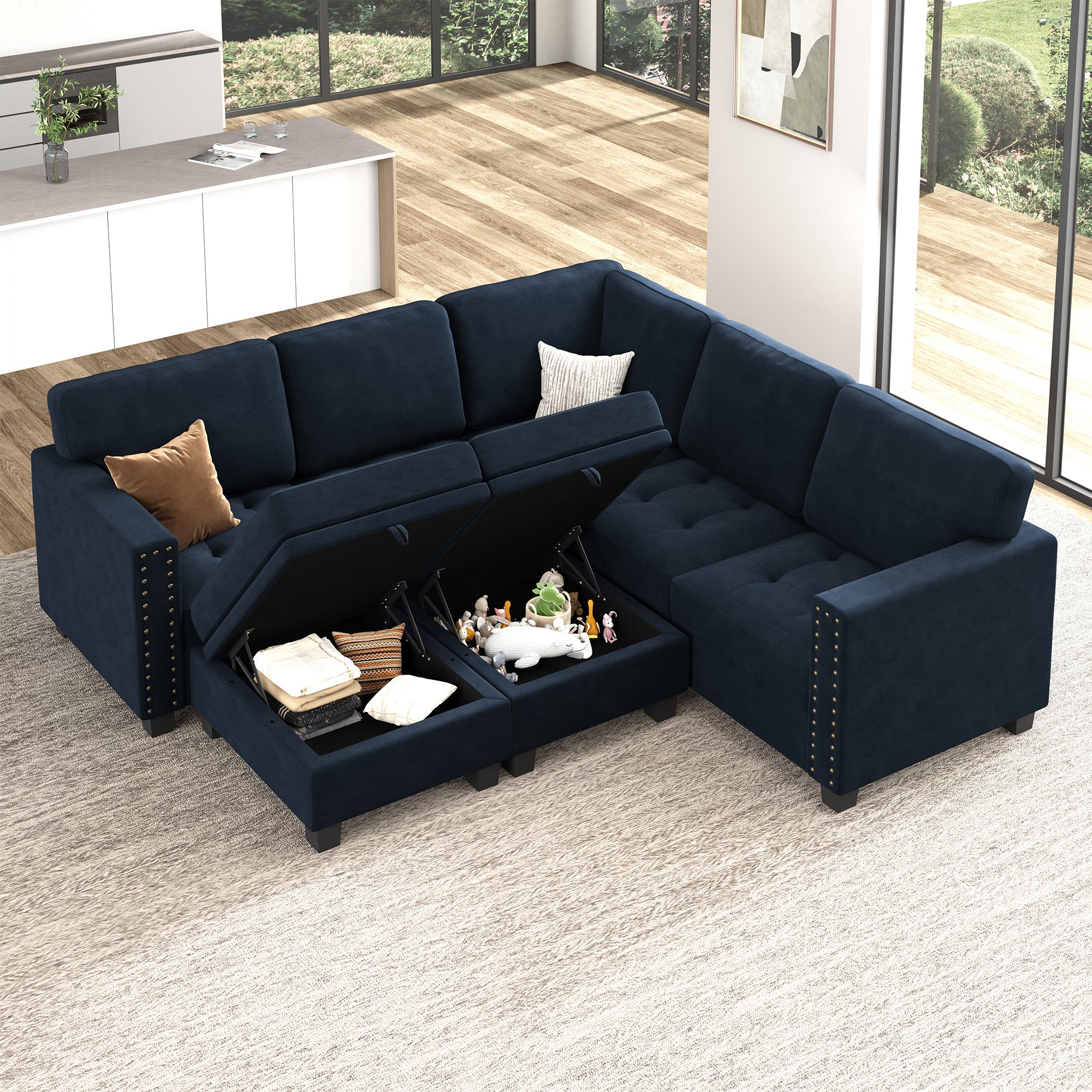 HONBAY Wraparound Modular Sofa 7-Seat With 2-Storage Space+1-Left Arm+1-Right Arm #Color_Dark Blue