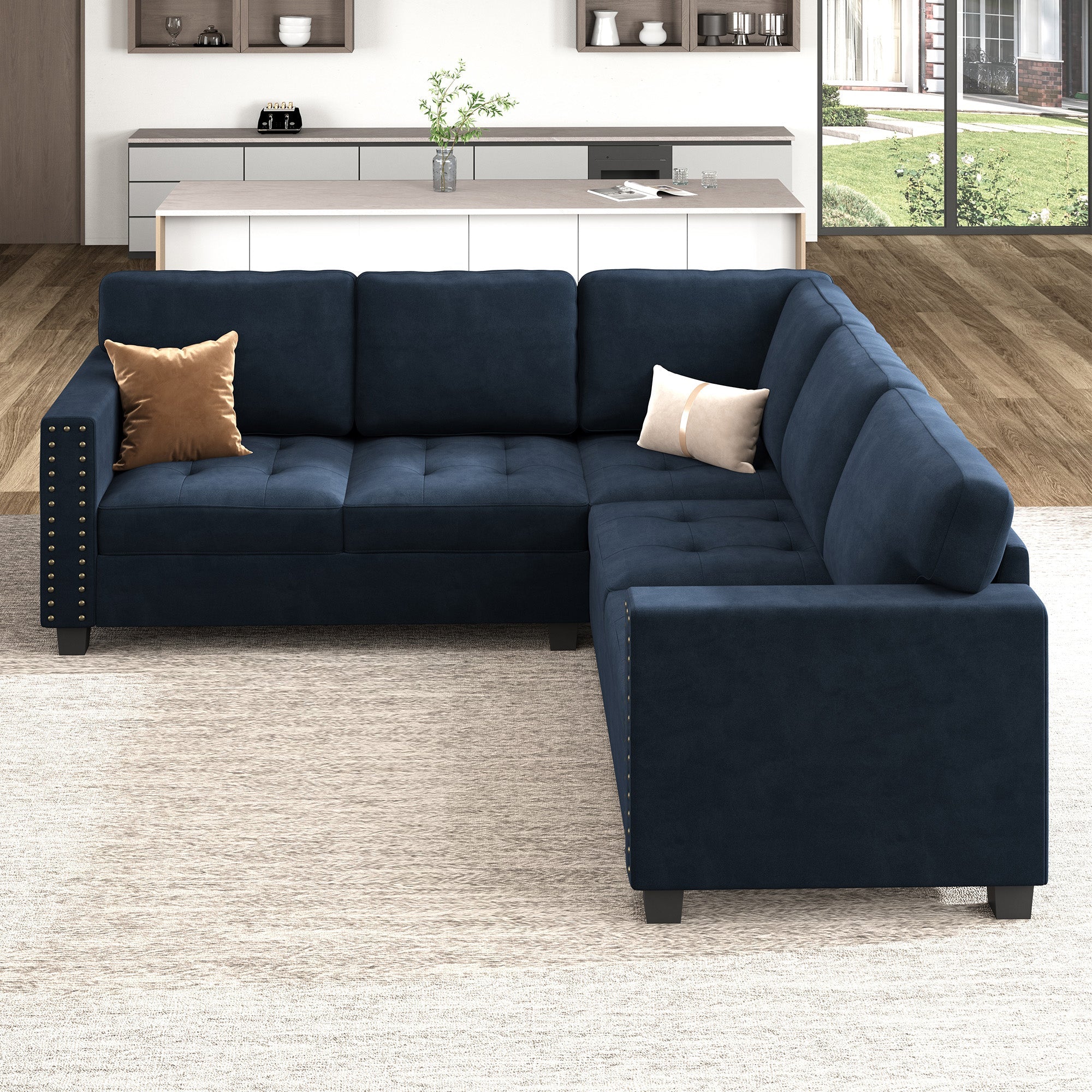 HONBAY Velvet Corner Sectional Sofa with Reversible Storage Lid Ottoman