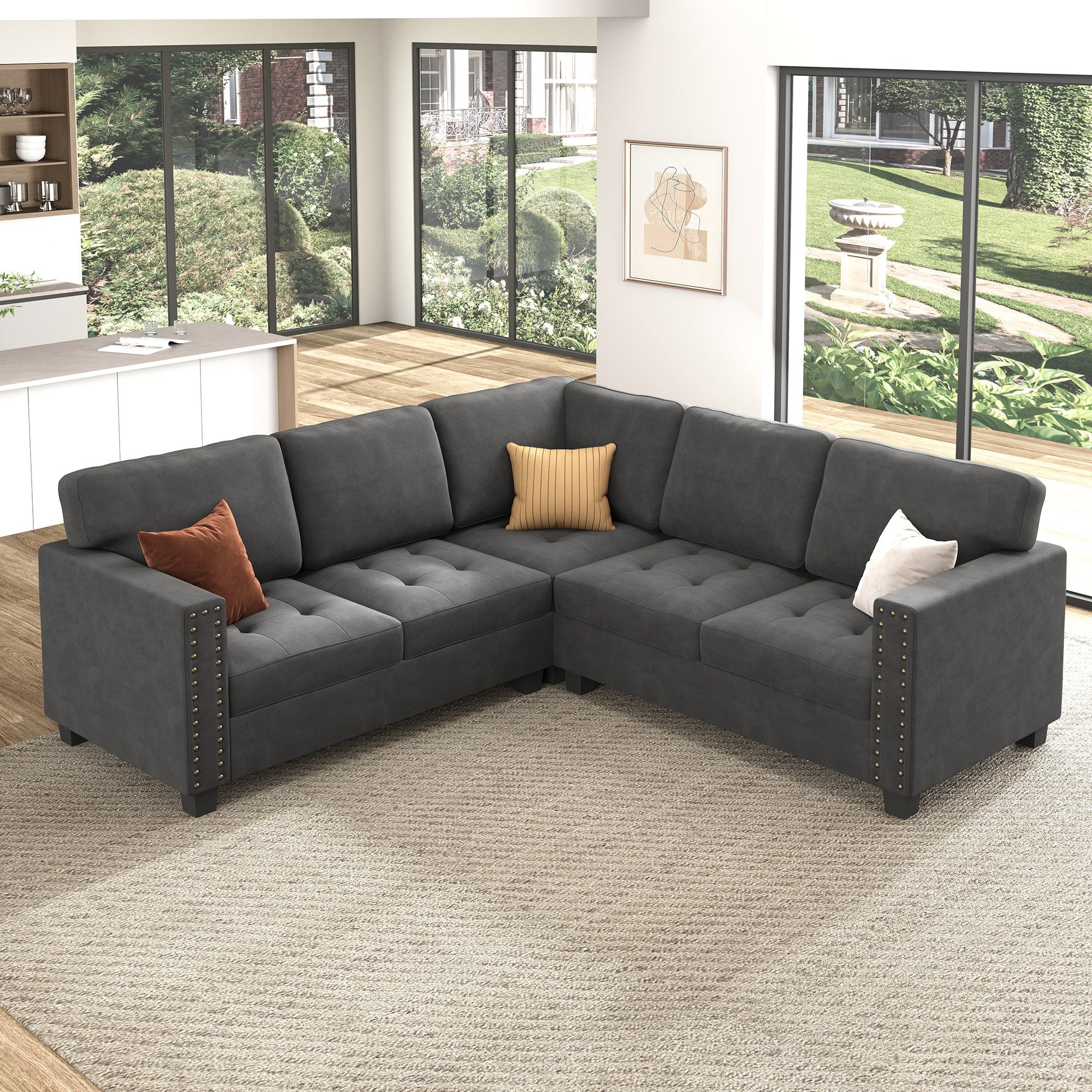 Honbay Velvet LShaped Corner Sectional Sofa with Storage Lid Ottoman