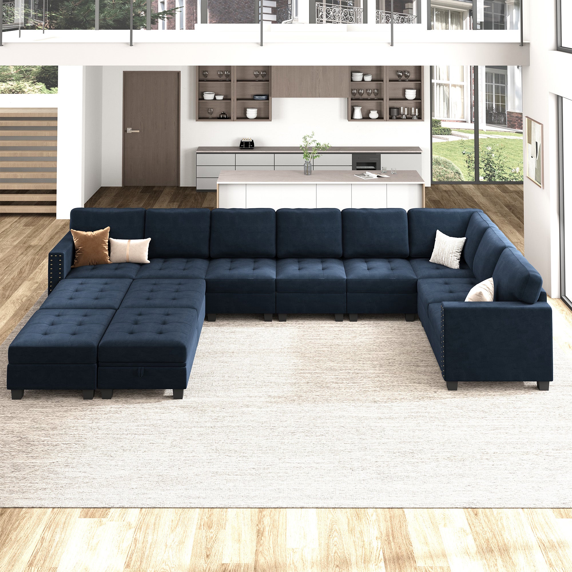 HONBAY Wraparound Modular Sofa 12-Seat With 1-Storage Space+1-Left Arm+1-Right Arm #Color_Dark Blue