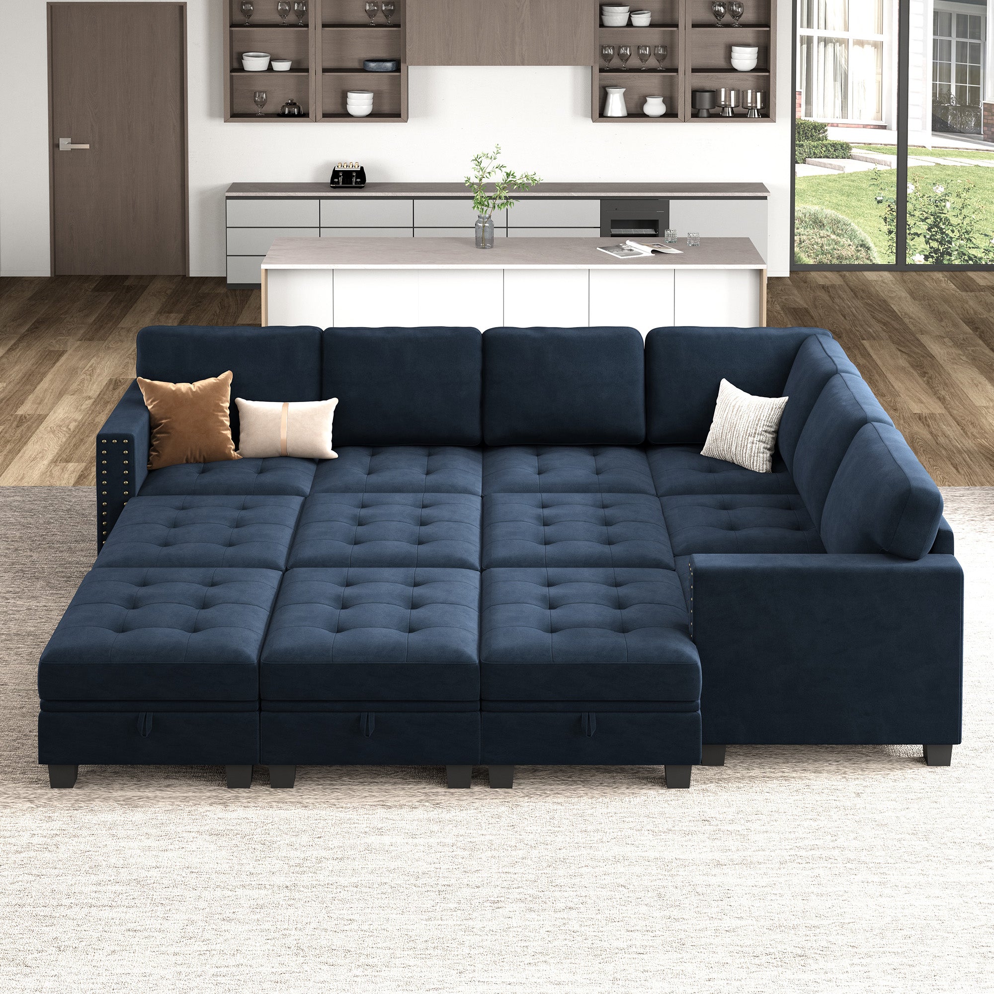 HONBAY Wraparound Modular Sofa 12-Seat With 5-Storage Space+1-Left Arm+1-Right Arm #Color_Dark Blue