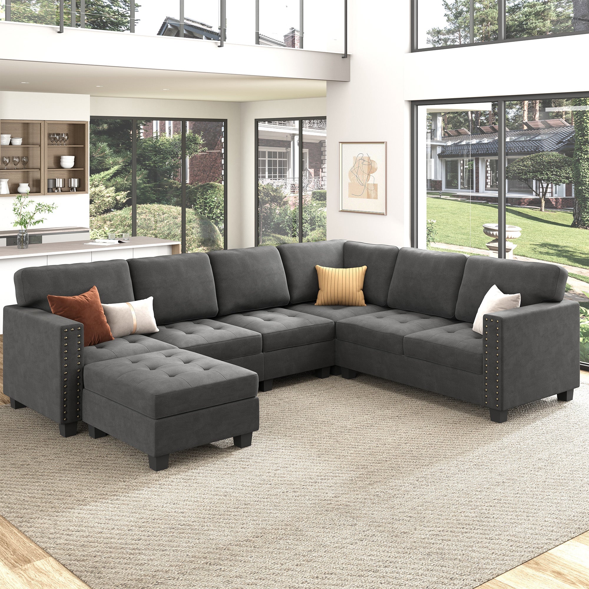 HONBAY Velvet U-Shaped Corner Sectional Sofa with Reversible Storage Lid Ottoman #Color_Grey
