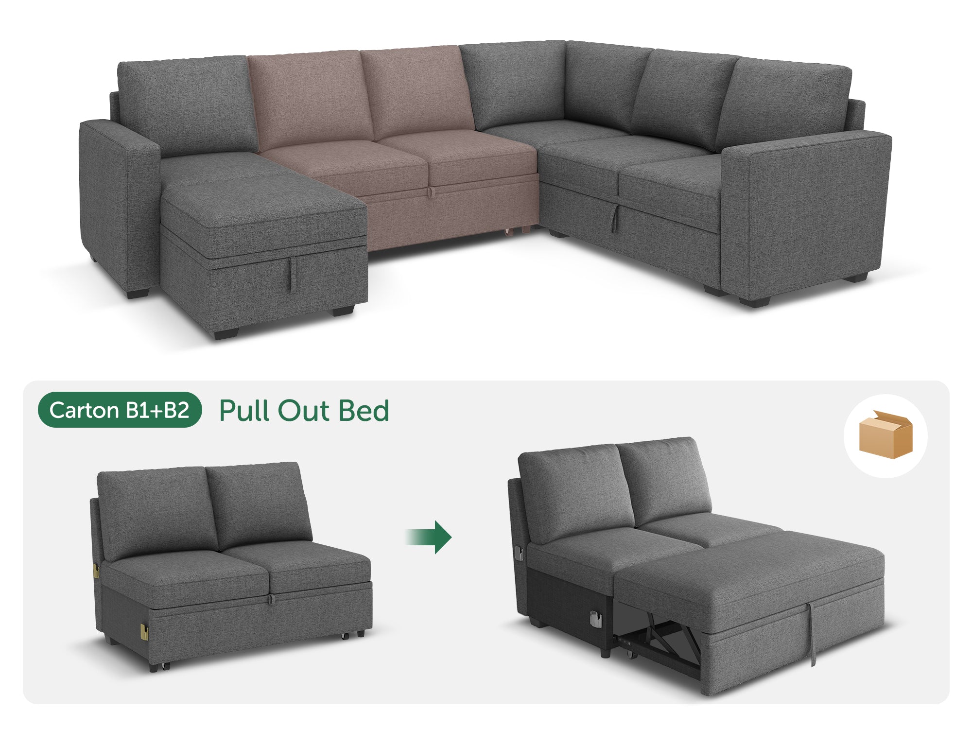 HONBAY 1 Piece Modular Sectional Pull Out Bed #Color_Dark Grey