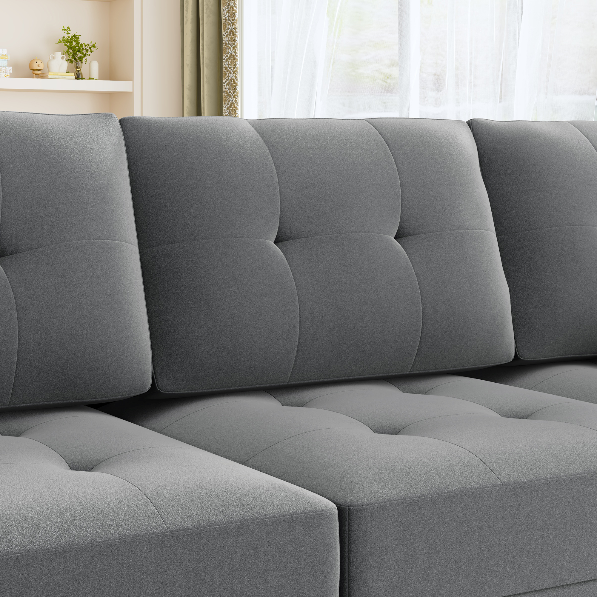 HONBAY Velvet Tufted 7-Seat Modular Sofa with Storage & Convertible Ottomans