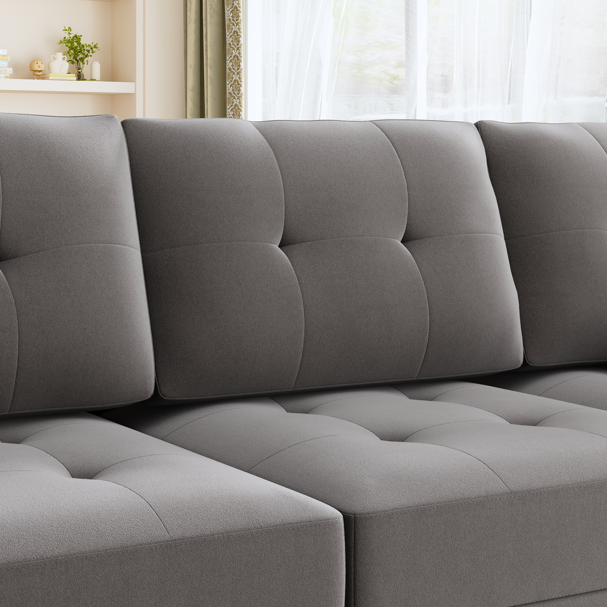 HONBAY Velvet Tufted 6-Seat U-Shaped Reversible Modular Sofa with Storage Ottoman