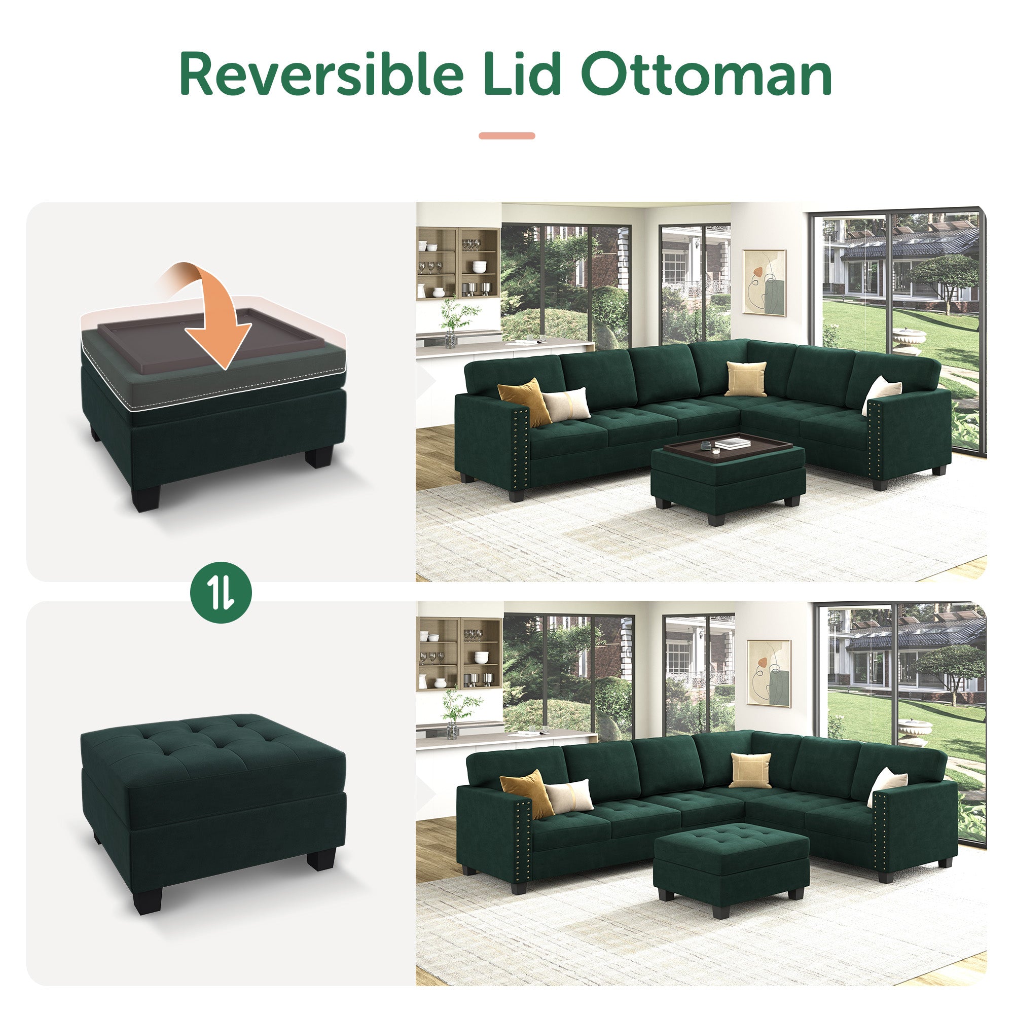 HONBAY Velvet U-Shaped Corner Sectional Sofa with Reversible Storage Lid Ottoman #Color_Green