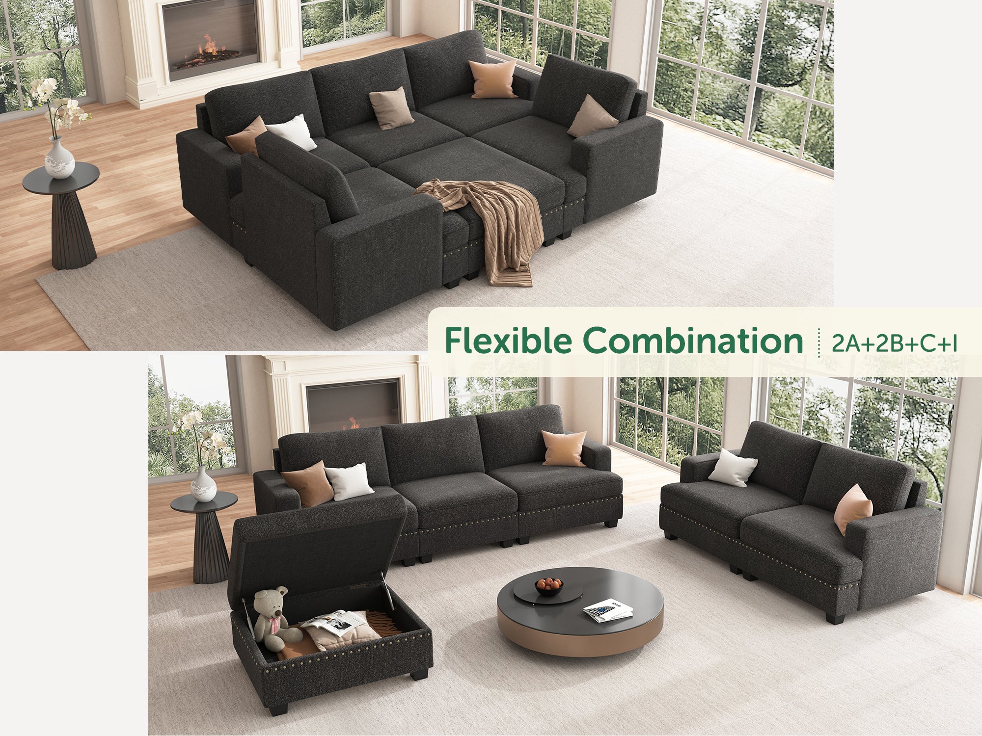 NOLANY Corner Modular Sofa 2-Left Armrest Seat+1-Seat+2-Right Armrest Seat+1-Storage Ottoman #Color_Dark Grey
