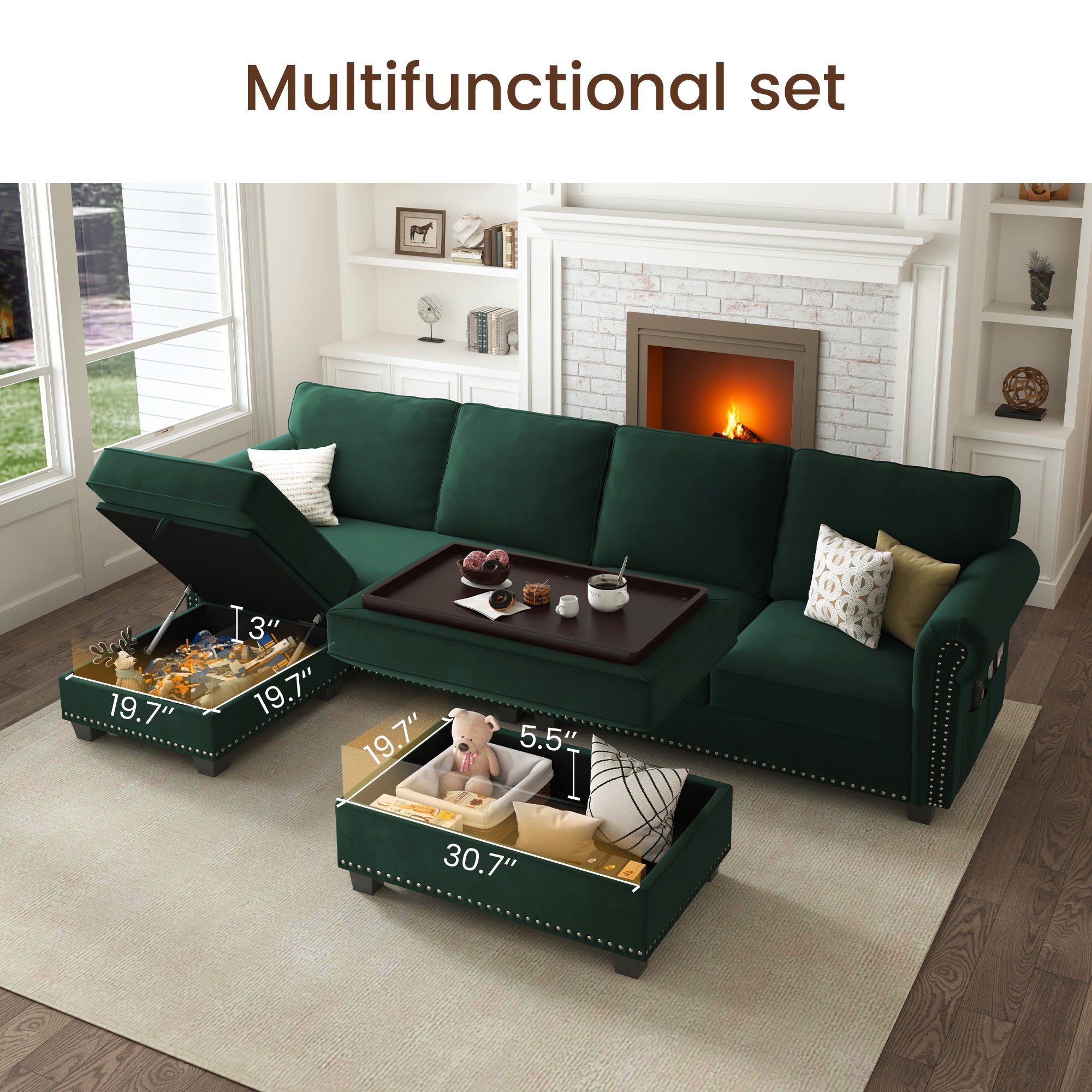 NOLANY 5-Piece Polyester Convertible Sectional With Tray Ottoman #Color_Green